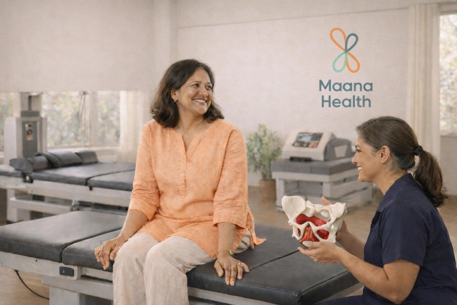 Patient discussing non-invasive pelvic floor strengthening with a physiotherapist at a modern Maana Health clinic.