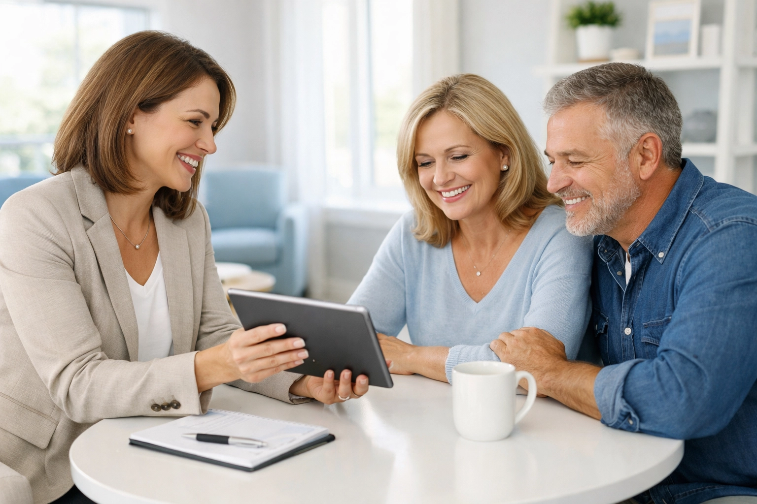 A friendly retirement planning consultation discussing annuity vs IRA rollover strategies for clients.