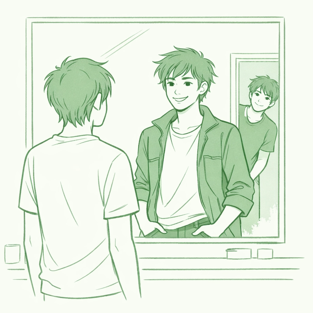 Gay man seeing true self in mirror while stepbrother watches in psychological romance