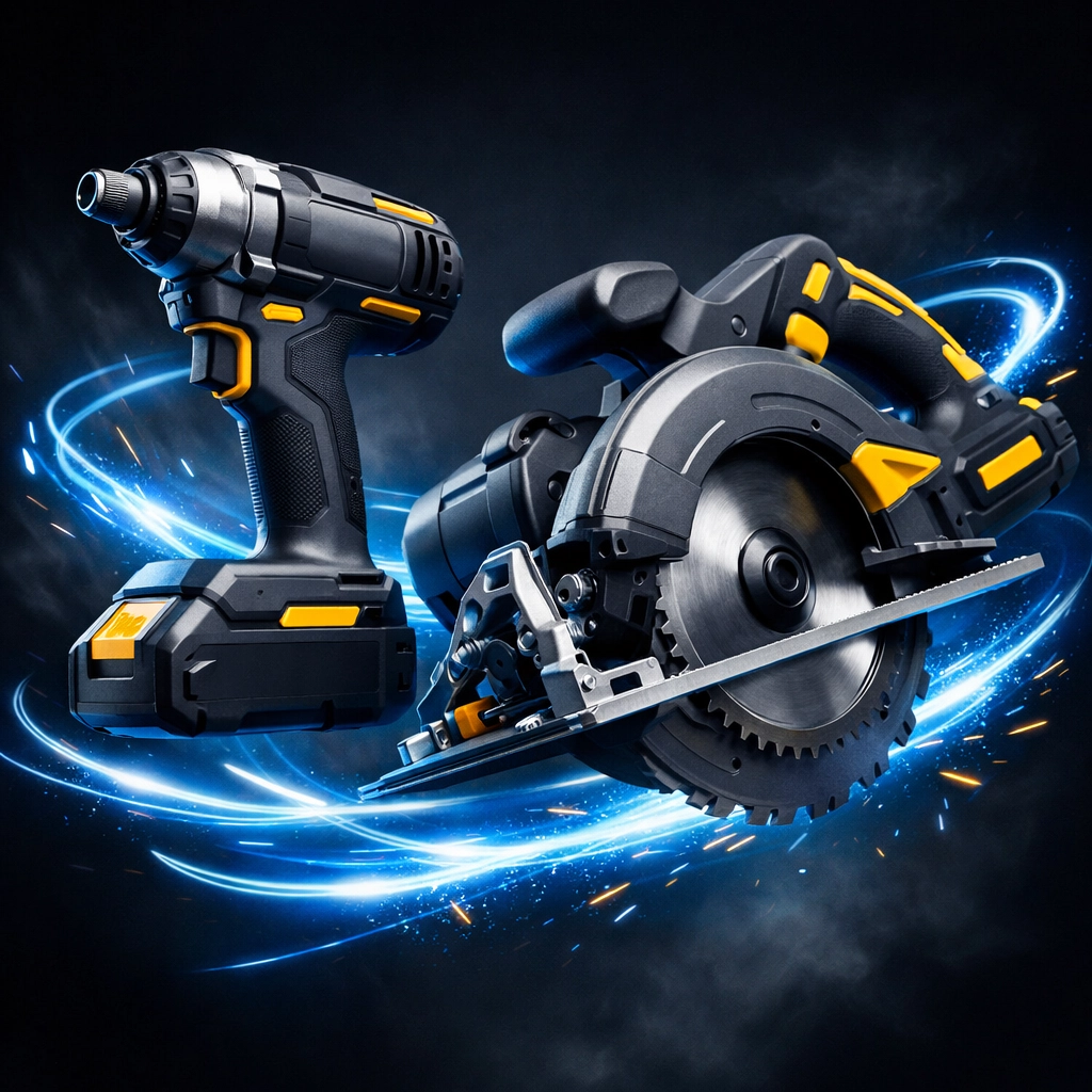 High-quality power tools like a cordless impact driver and circular saw for professionals.