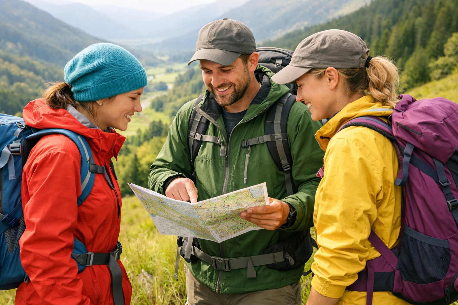 A small group of hikers checking a map on a guided walking tour through the UK countryside.