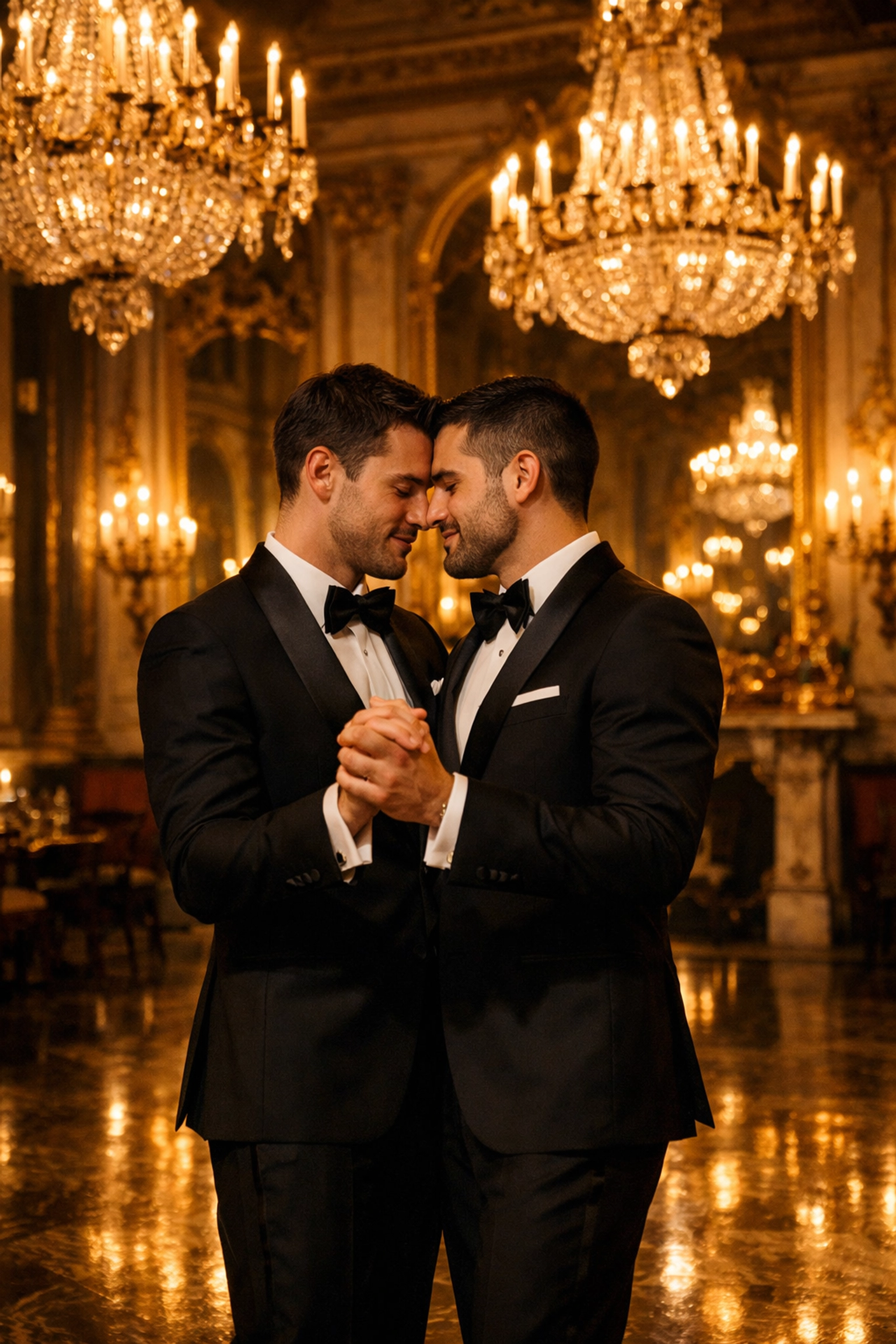Two grooms dancing at elegant Vienna baroque ballroom gay wedding celebration