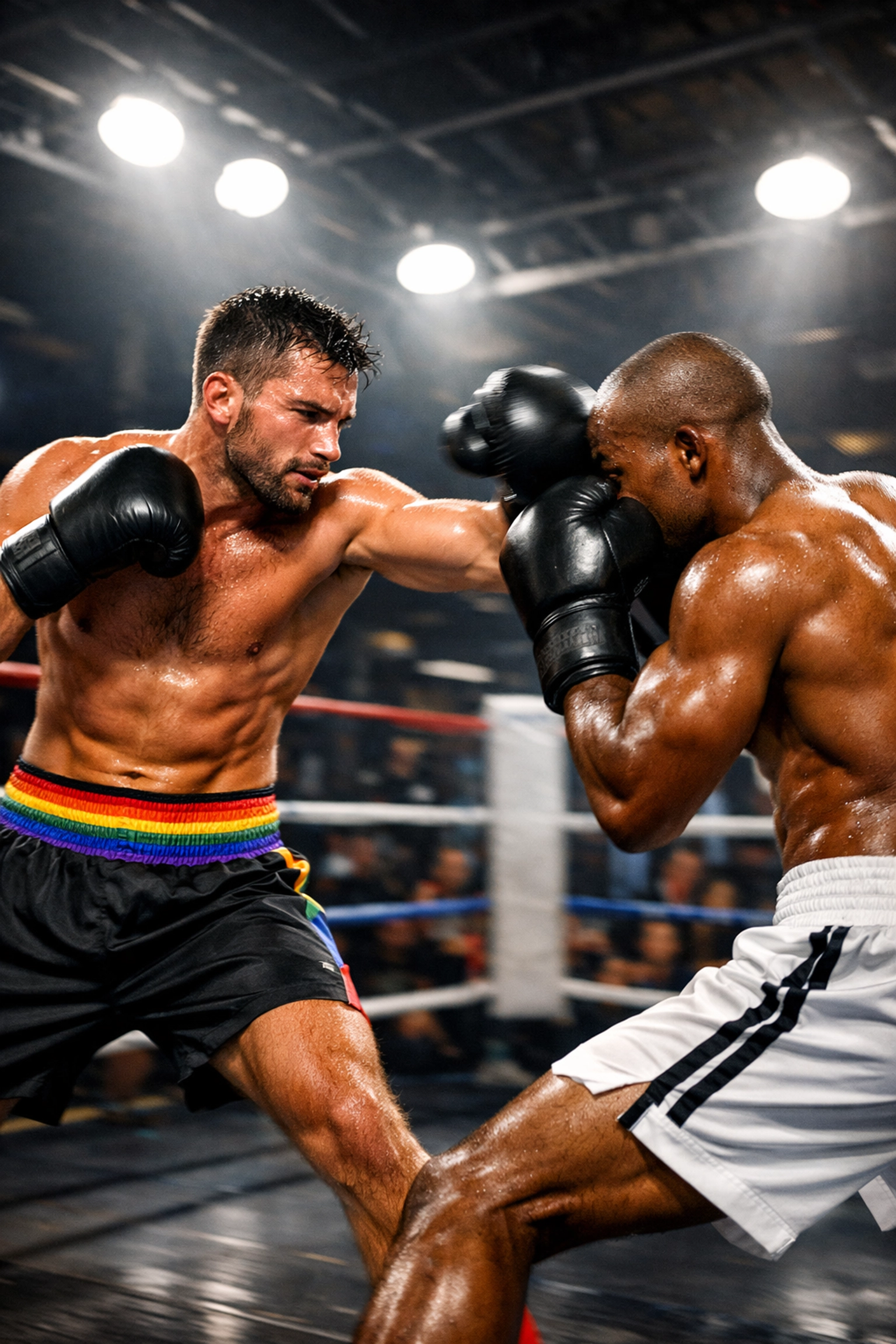 Two LGBTQ+ boxers sparring in professional boxing ring