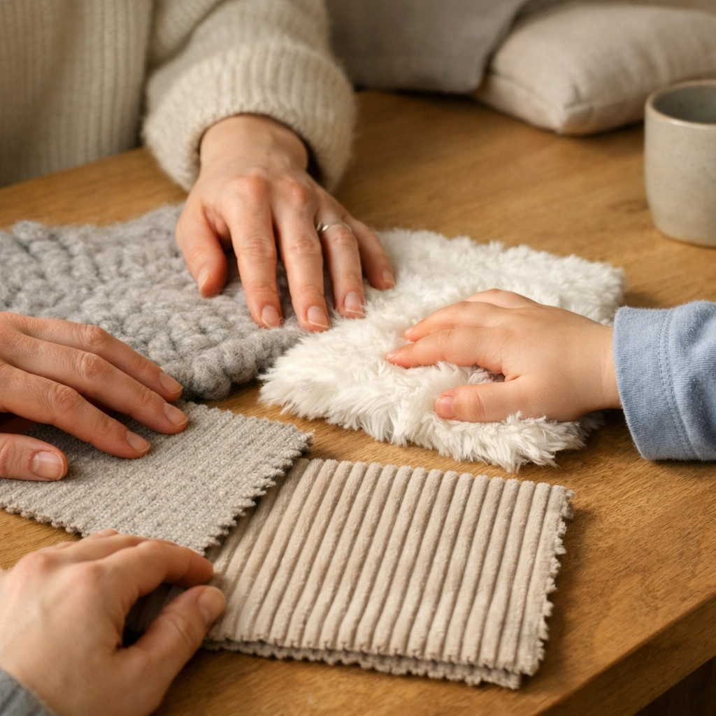 A parent and child exploring textures for the design of sensory rooms at the Halifax Hub.