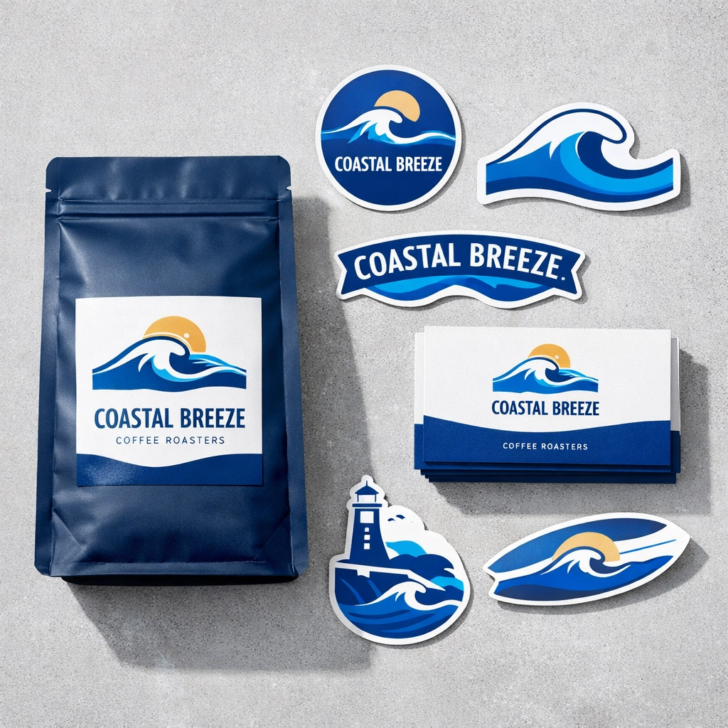 Professional branding kit with custom coffee bag labels and business stickers from a local Kona print shop.