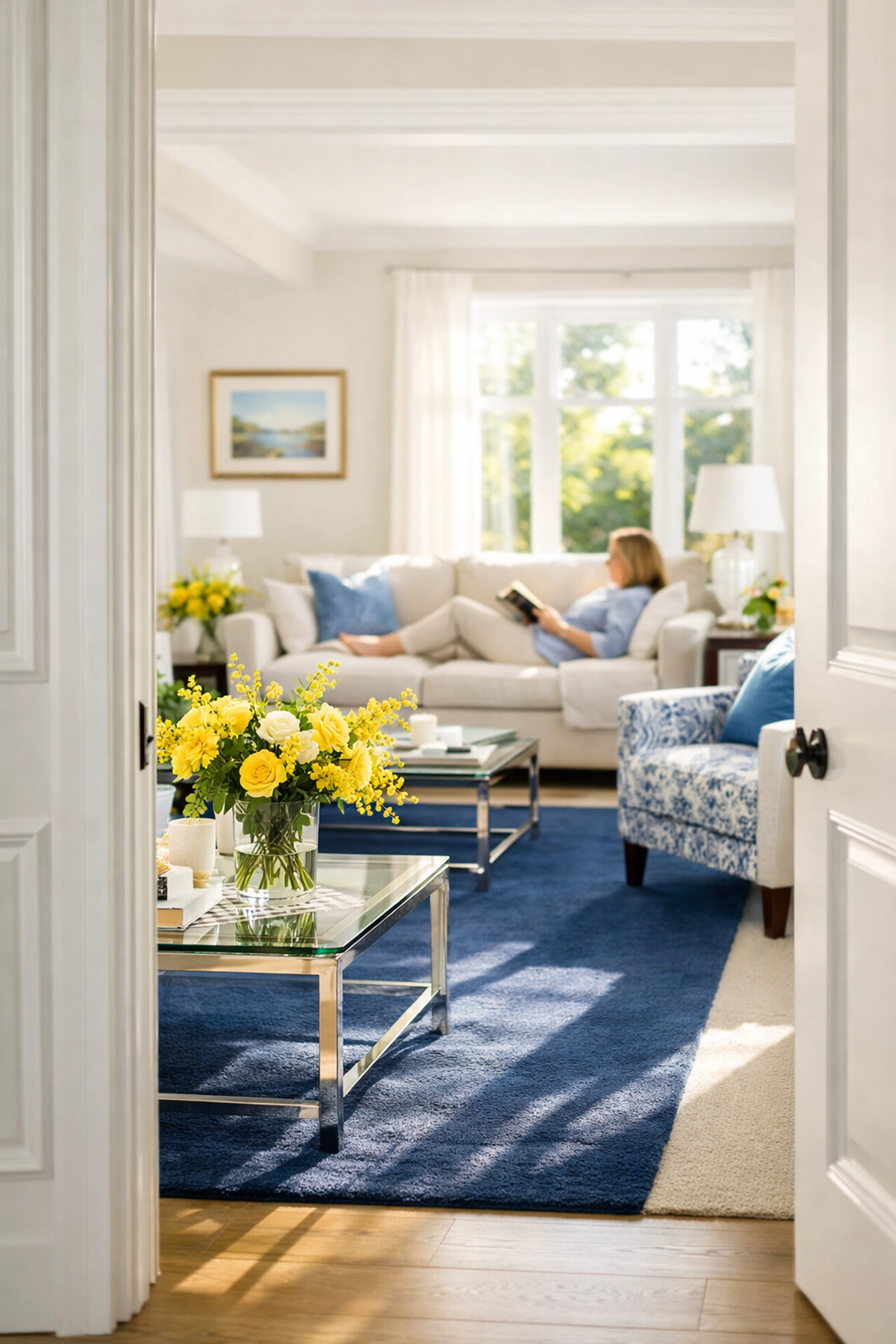 A happy homeowner relaxes in a bright, spotless living room after a deep cleaning Marlborough.