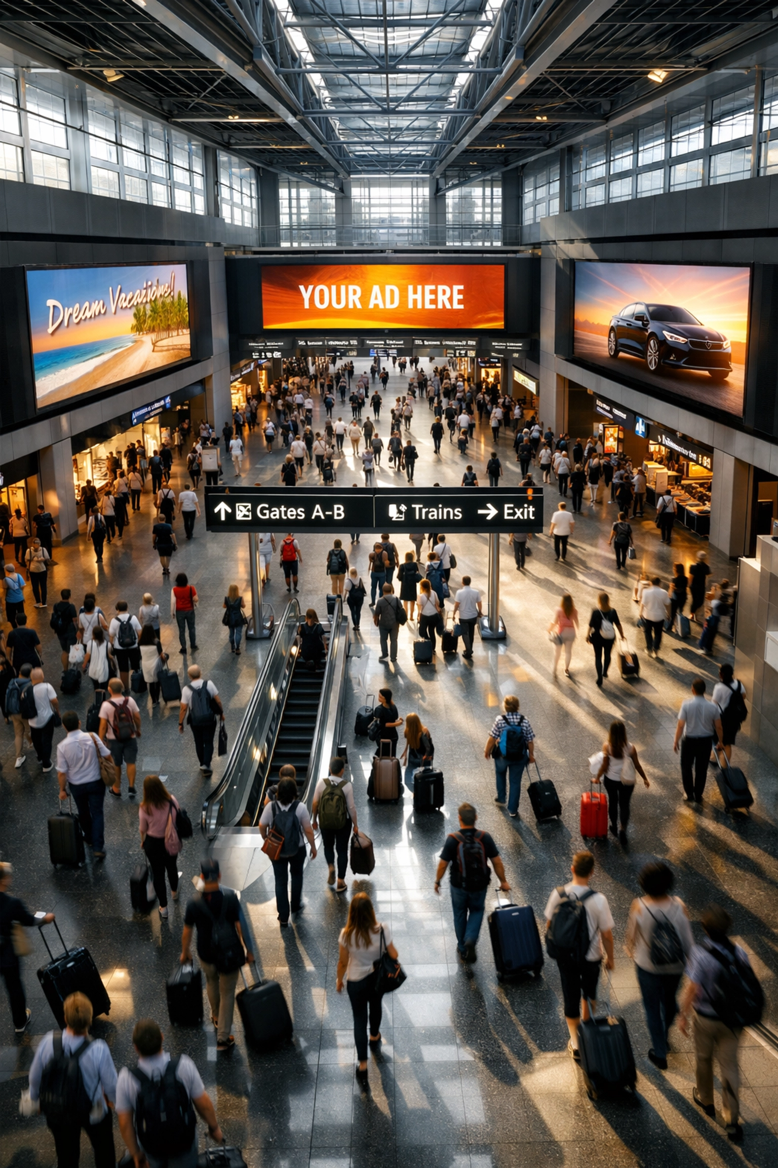 Airport terminal with digital advertising displays and travelers showing transportation hub marketing