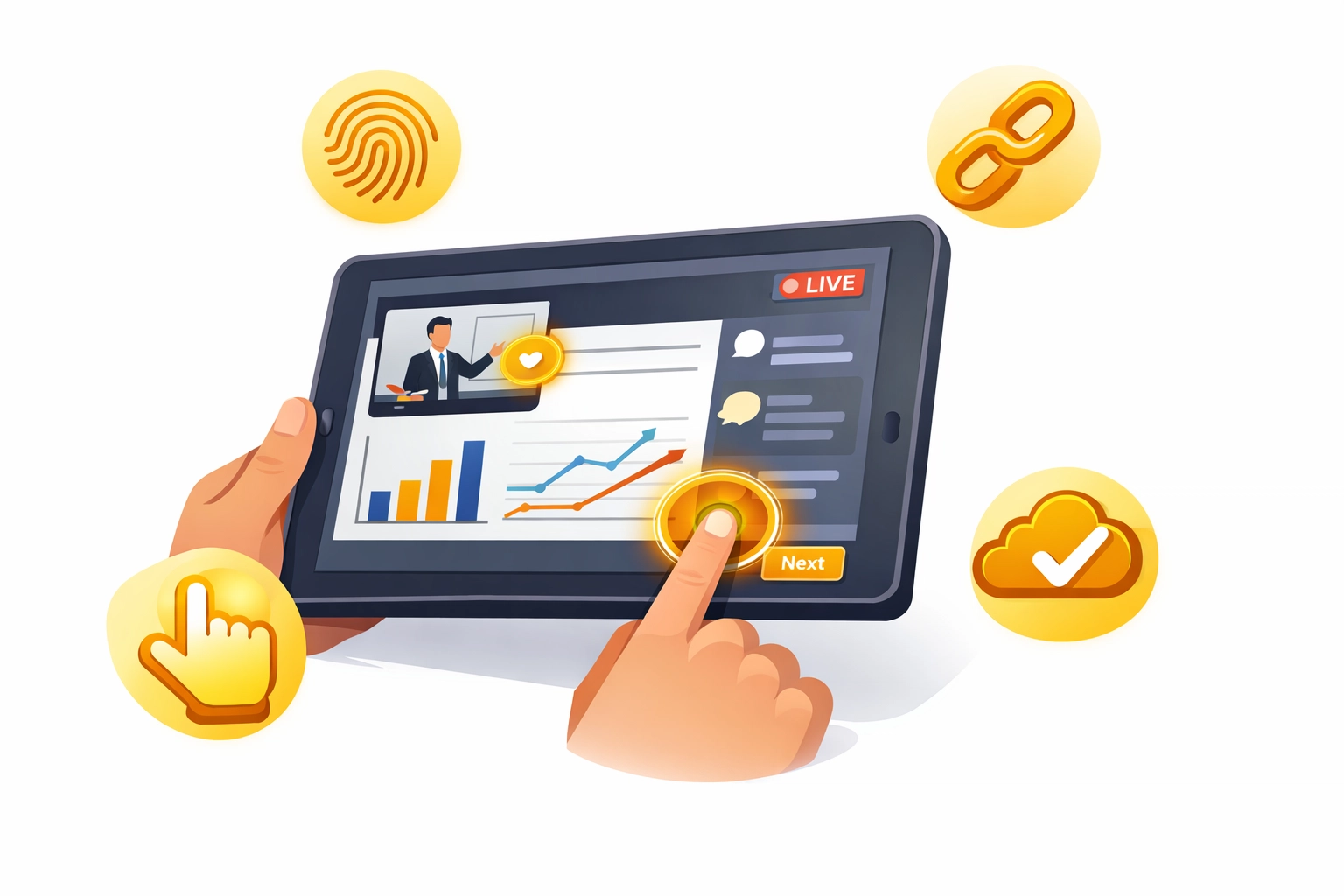 Interactive webinar platform on tablet with touch controls and no-download features