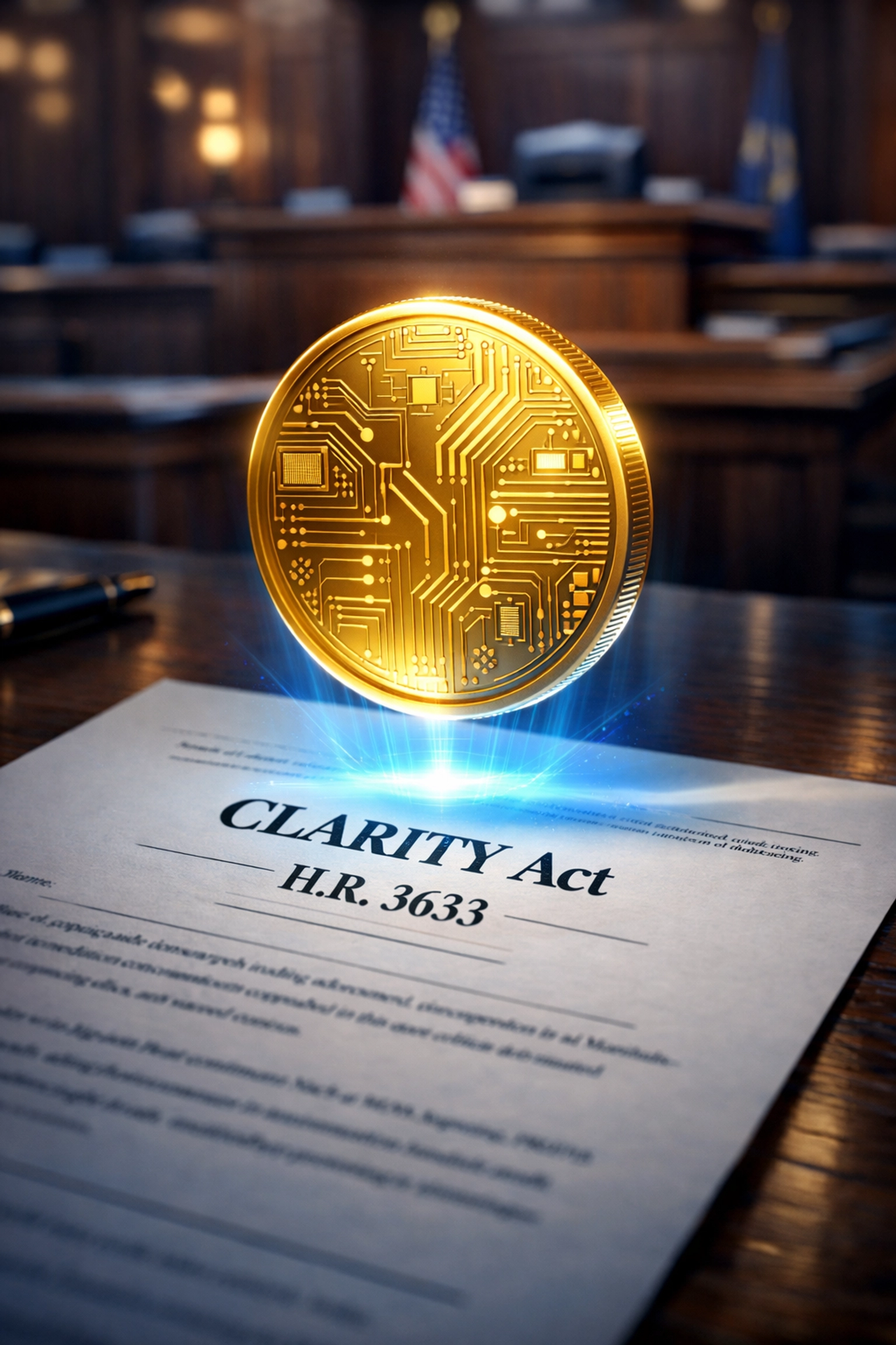 Digital commodity coin above CLARITY Act document illustrating crypto regulatory framework