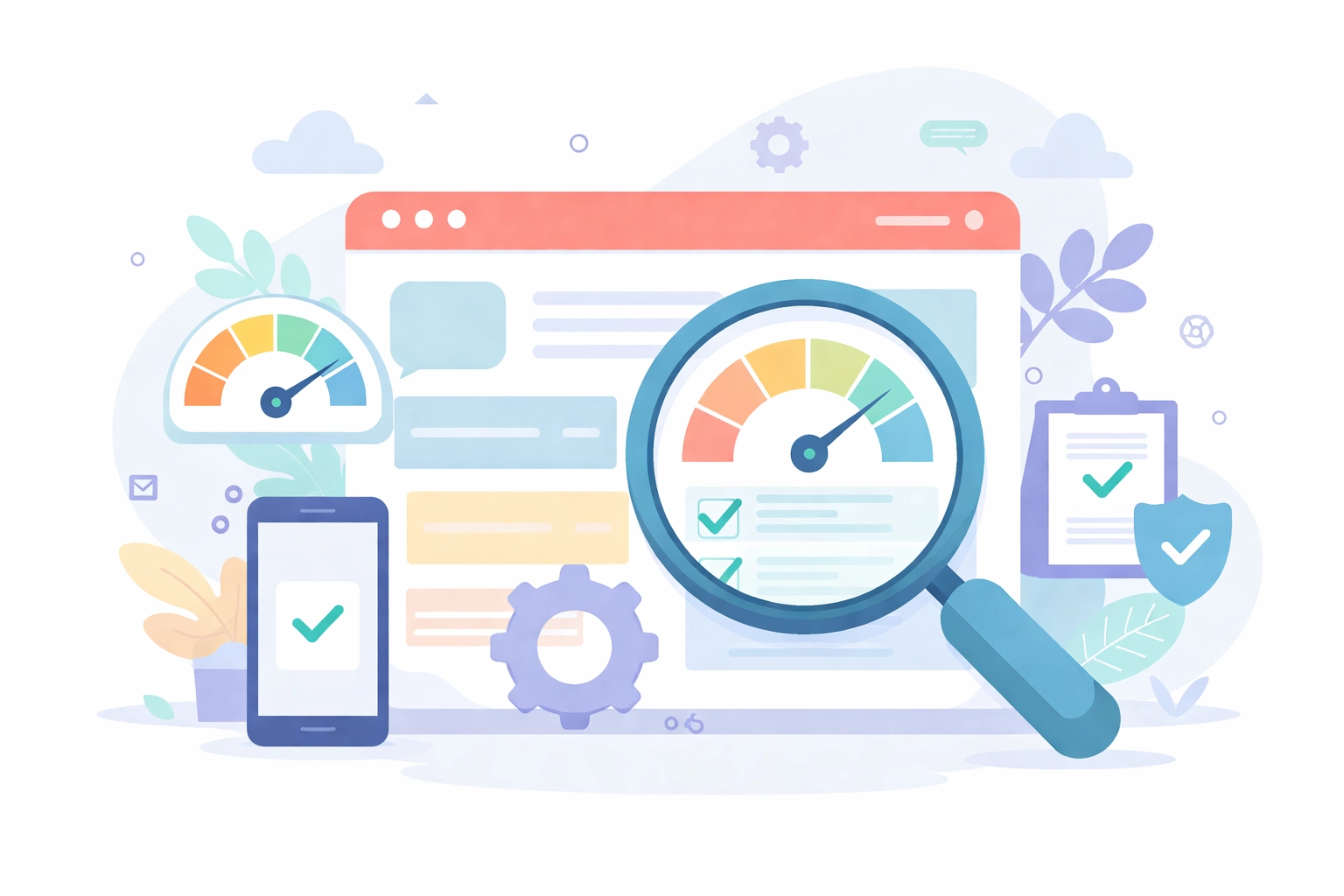 Illustration d'un audit technique de site web avec loupe, indicateurs de performance et icônes d'optimisation SEO.