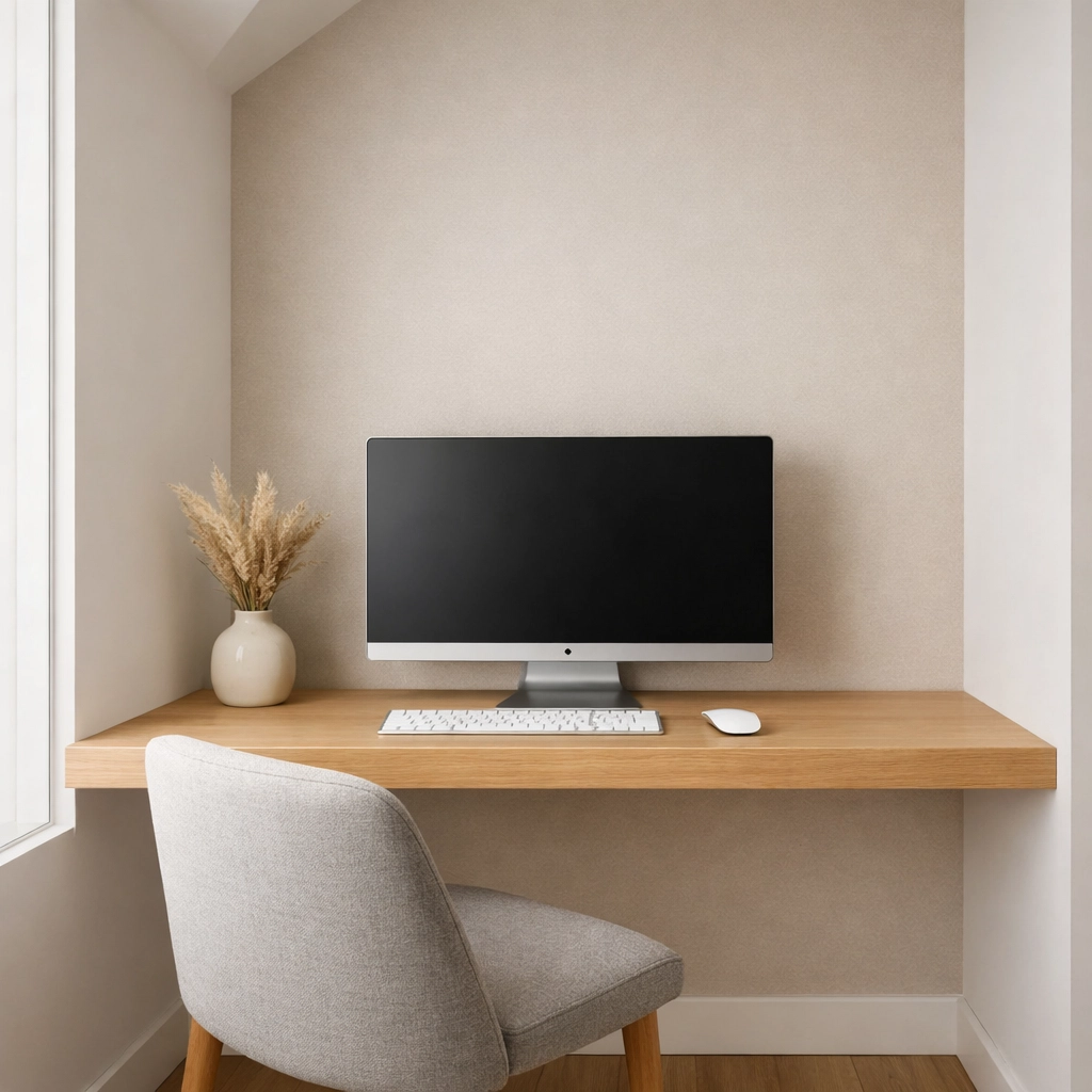 Bright home office renovation setup in Red Deer with floating desk and smart layout