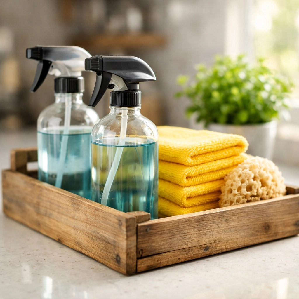 Non-toxic eco-friendly house cleaning Southborough MA supplies and microfiber towels on a quartz counter.