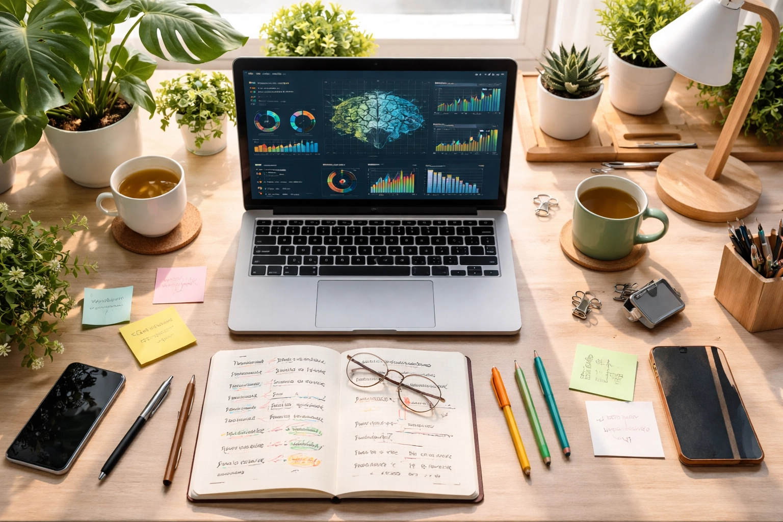 Espace de travail équilibré entre technologie IA et outils traditionnels, reflétant l’intégration des relations presse humaines et digitales.