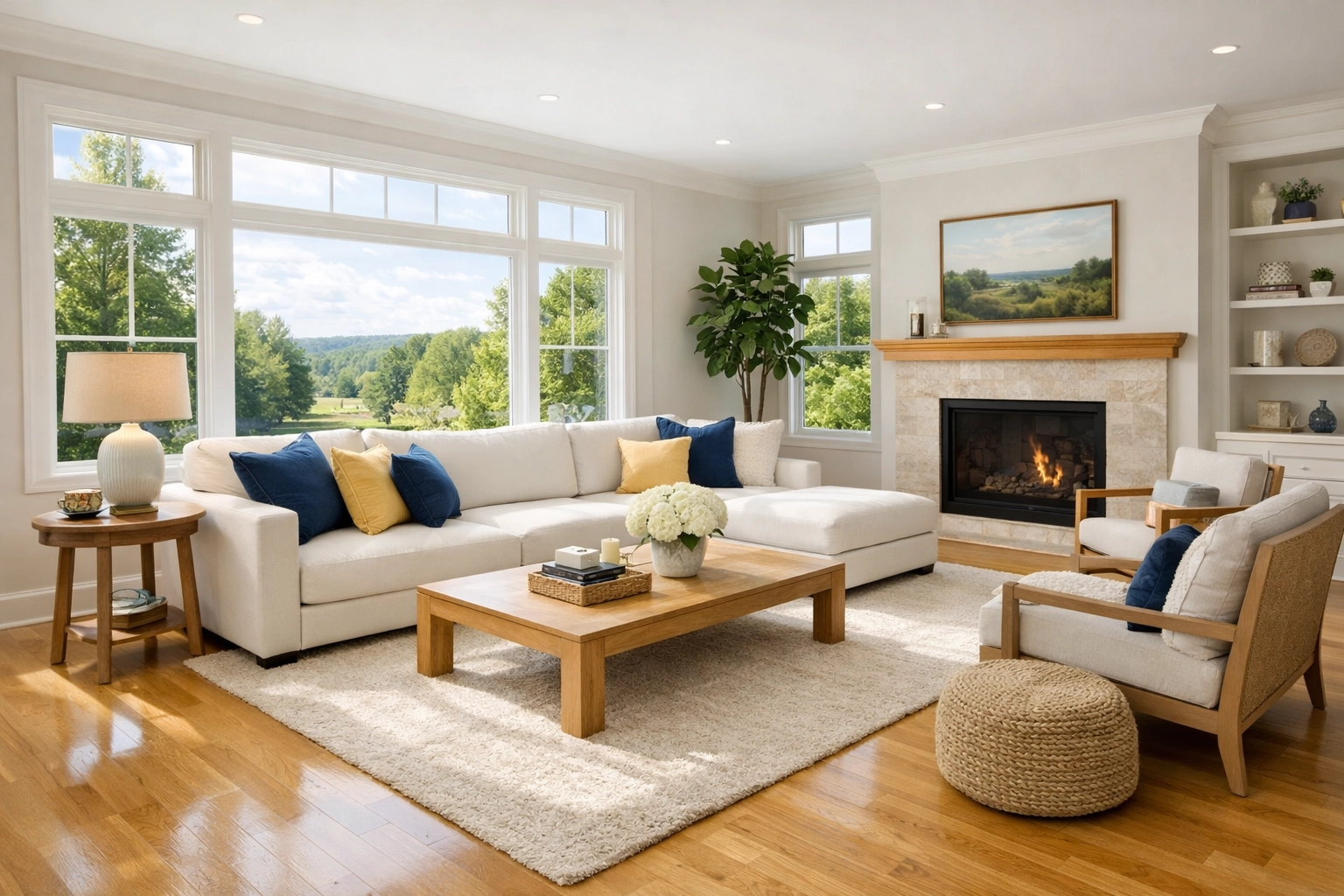 Clean Hadley living room with dust-free hardwood floors and white sectional sofa.