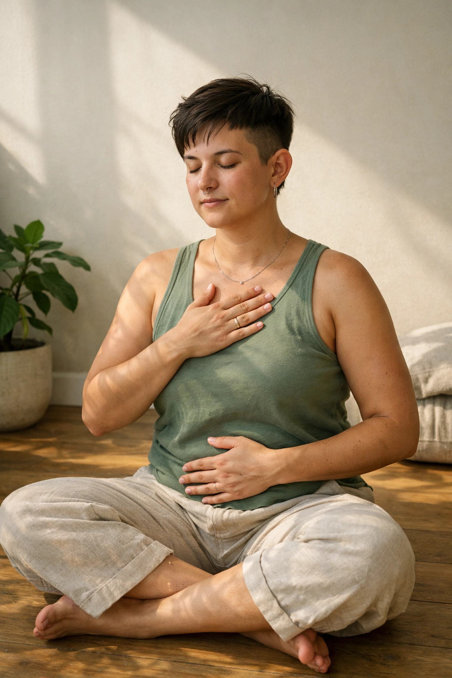 A queer person practicing a hand-on-heart grounding exercise for healing and resilience.
