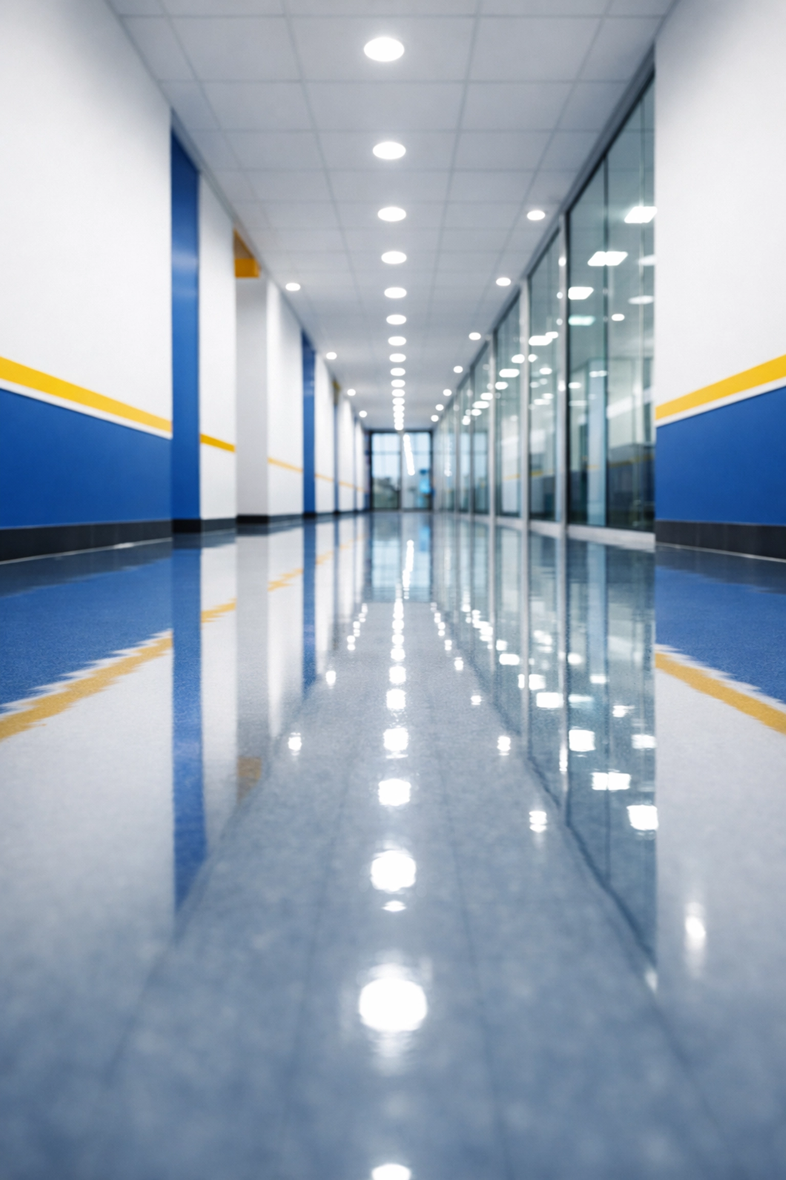 A pristine commercial corridor in Amherst featuring high-gloss polished floors and clean glass partitions.