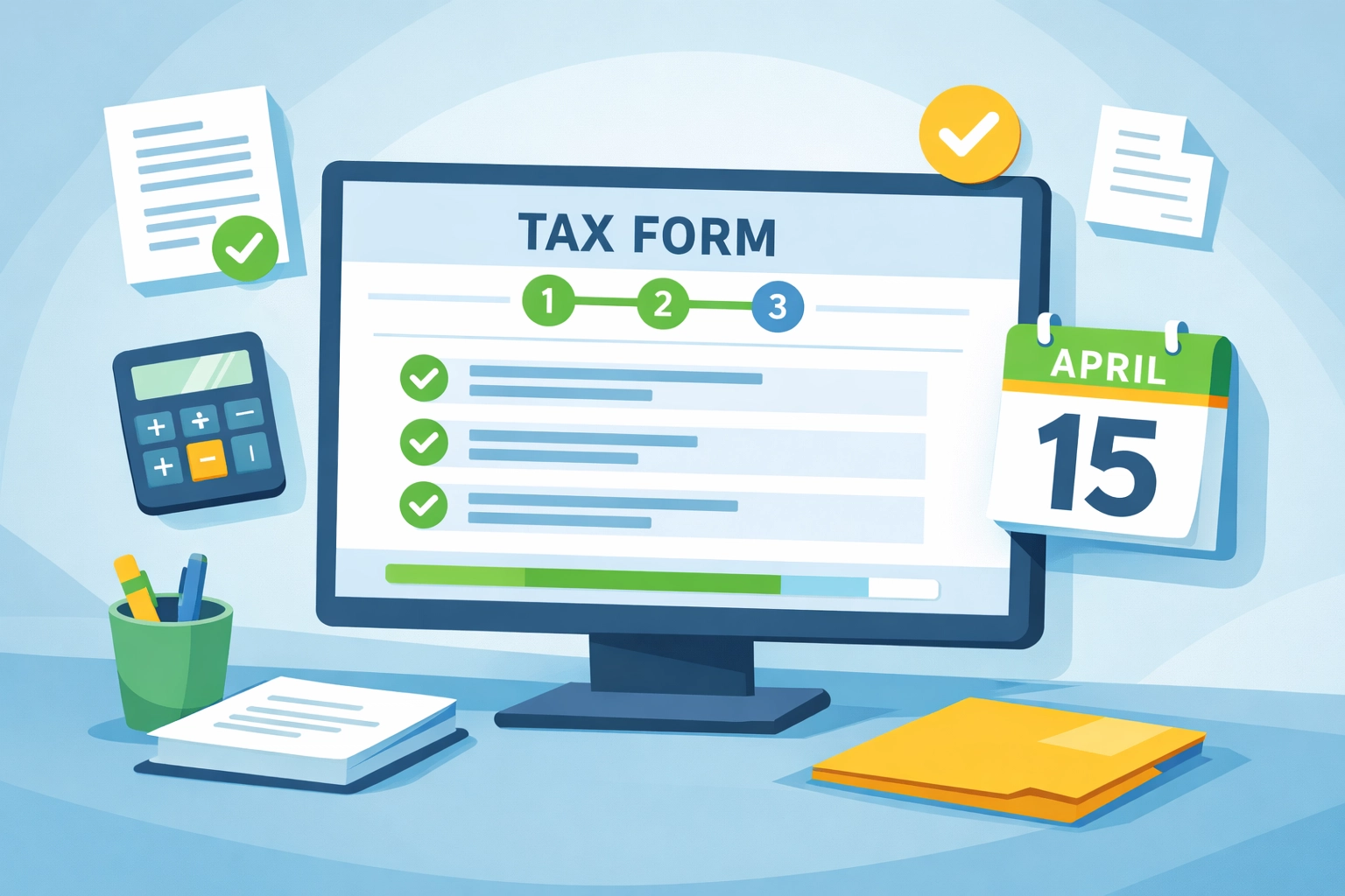 IRS Free File guided tax software interface with documents and April 15th deadline calendar