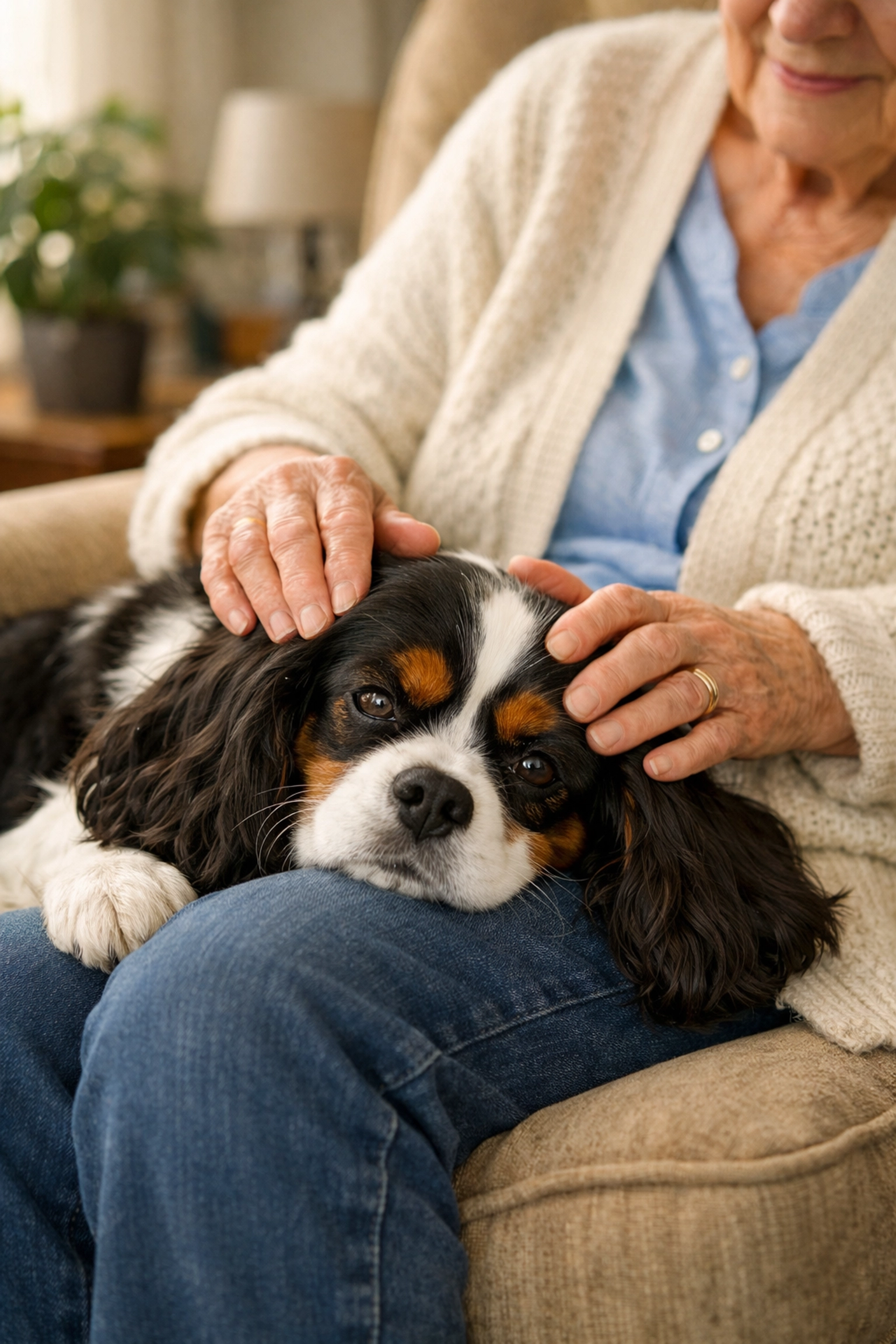 Tricolor Cavalier King Charles Spaniel providing comfort to an elderly woman in a Portland home.
