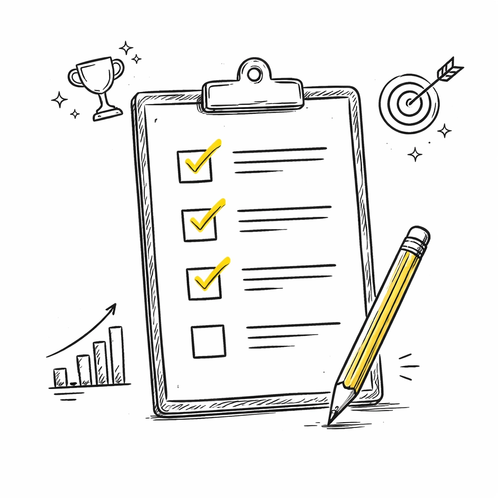 Minimalist checklist clipboard illustration, emphasizing SEO strategy steps for high Google rankings in 2026