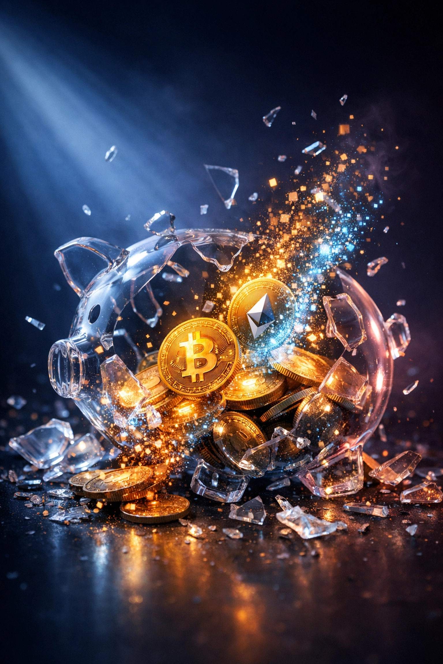 Hidden crypto payment fees draining money from broken piggy bank with cryptocurrency coins