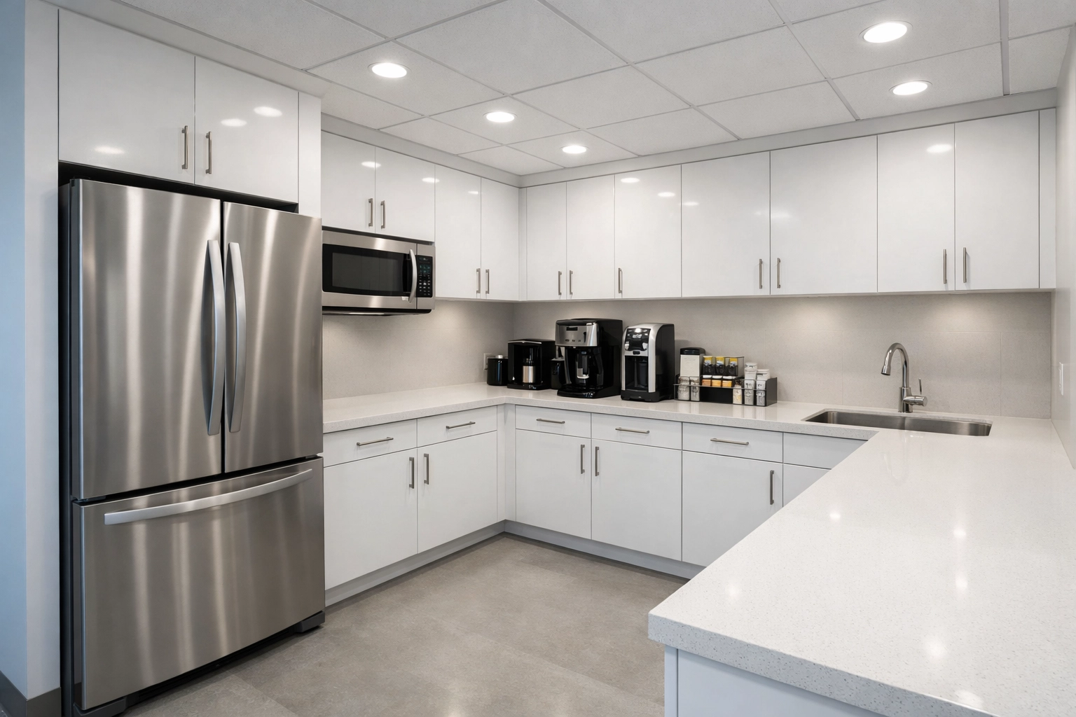 Professional office break room with stainless appliances and clean countertops