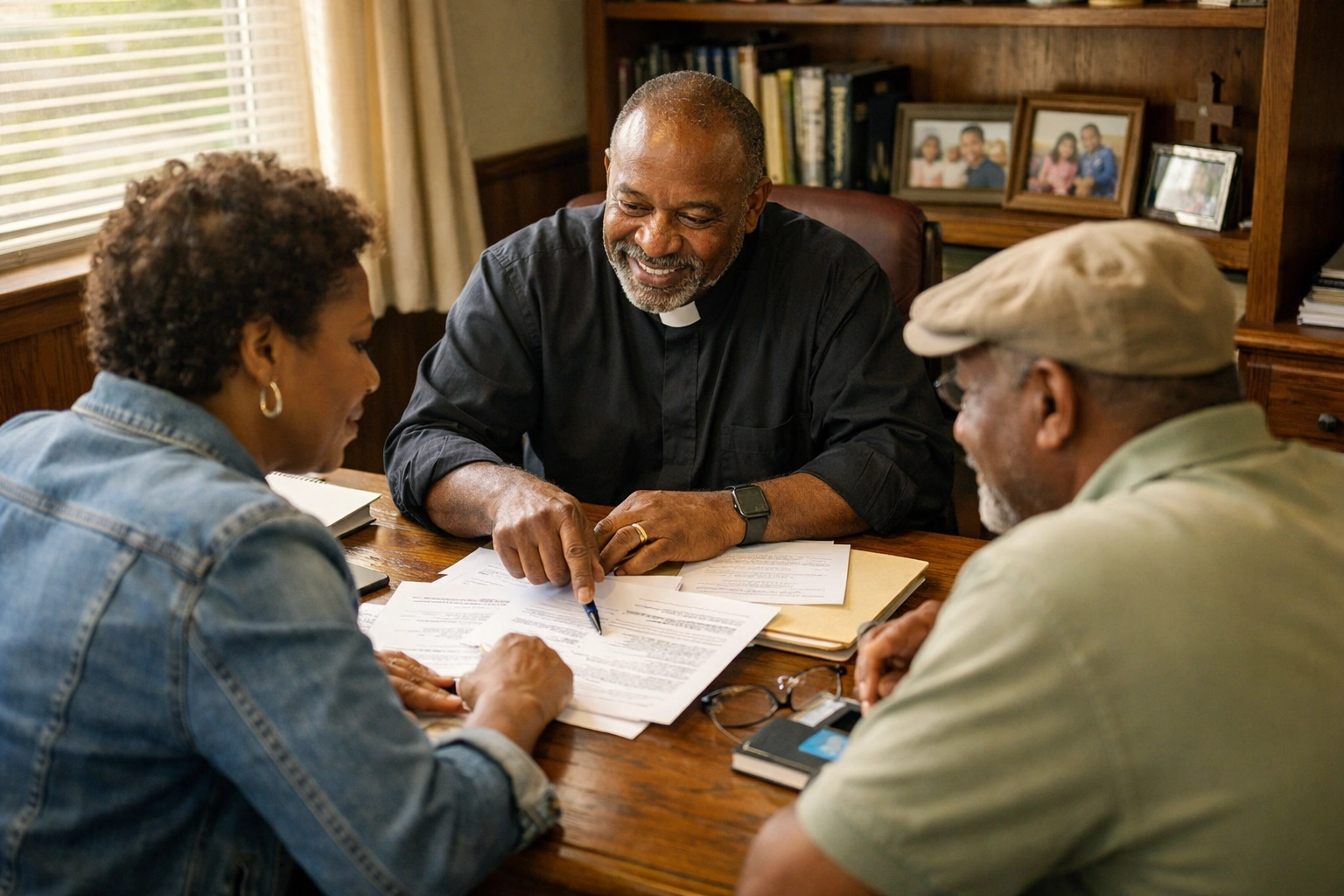Church pastor meeting with congregation members to plan community-based business directory