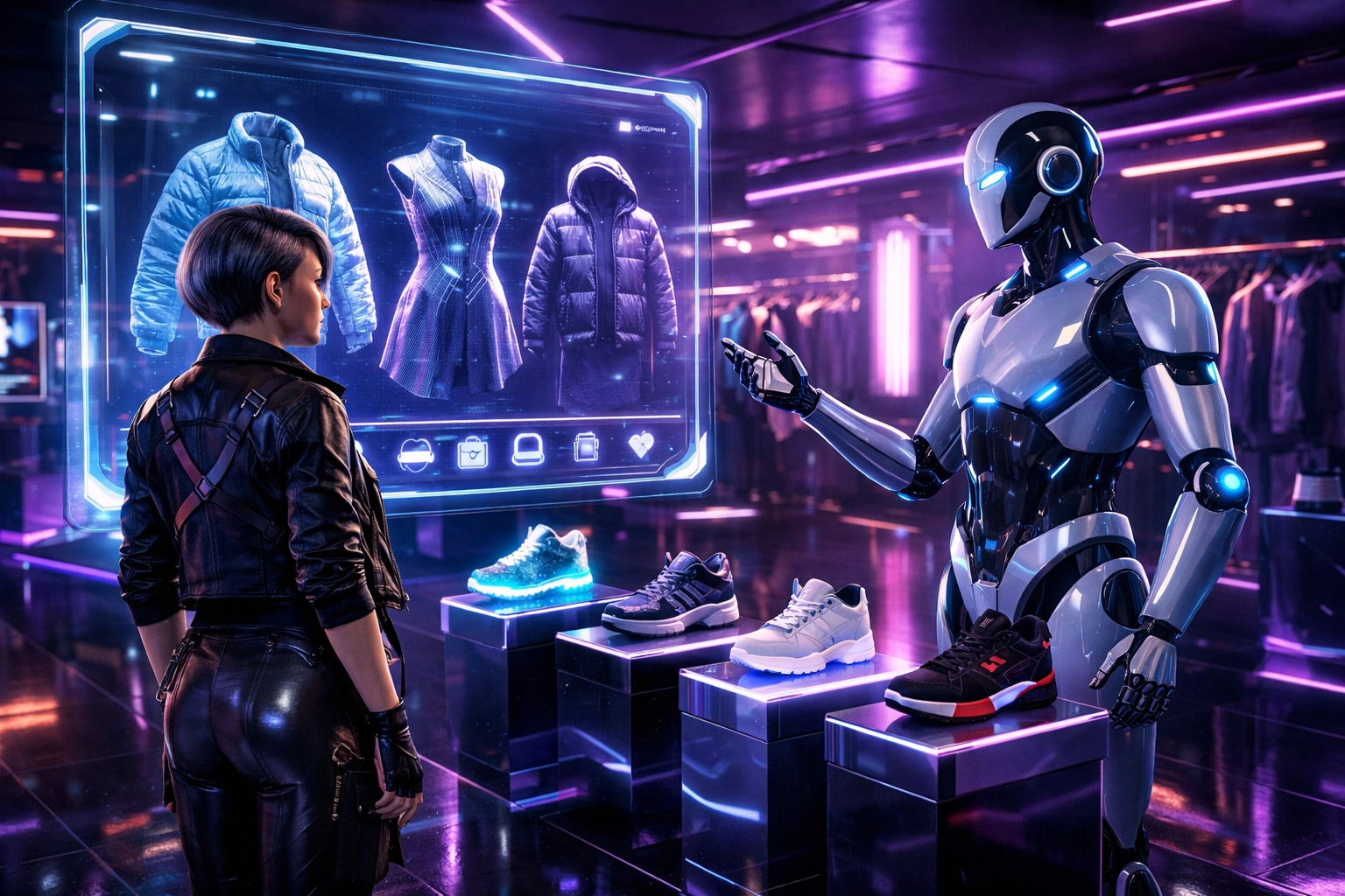 An AI shopping assistant guiding an avatar through a digital boutique in the Larecoin metaverse.