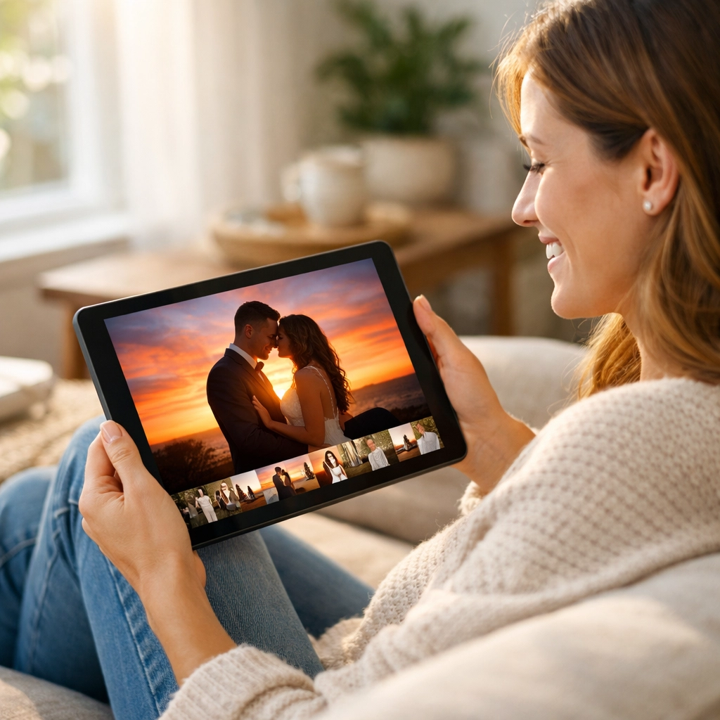 Client viewing a fast-loading professional wedding photography gallery on a tablet at home.