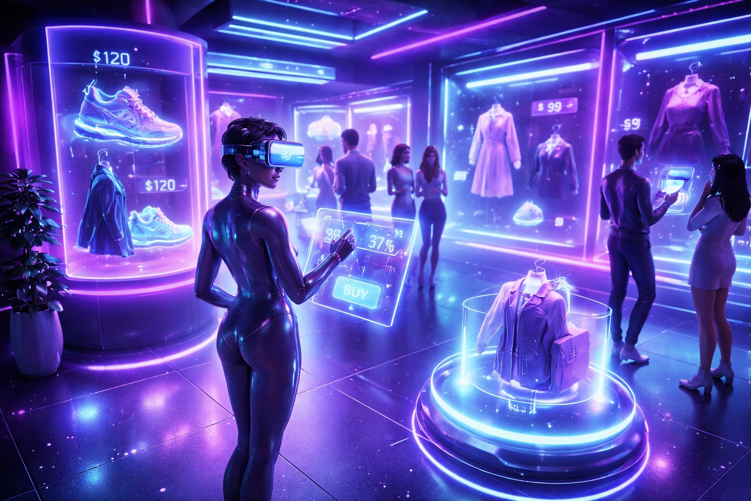 Avatars exploring a digital storefront with holographic displays, highlighting VR social shopping in the metaverse.
