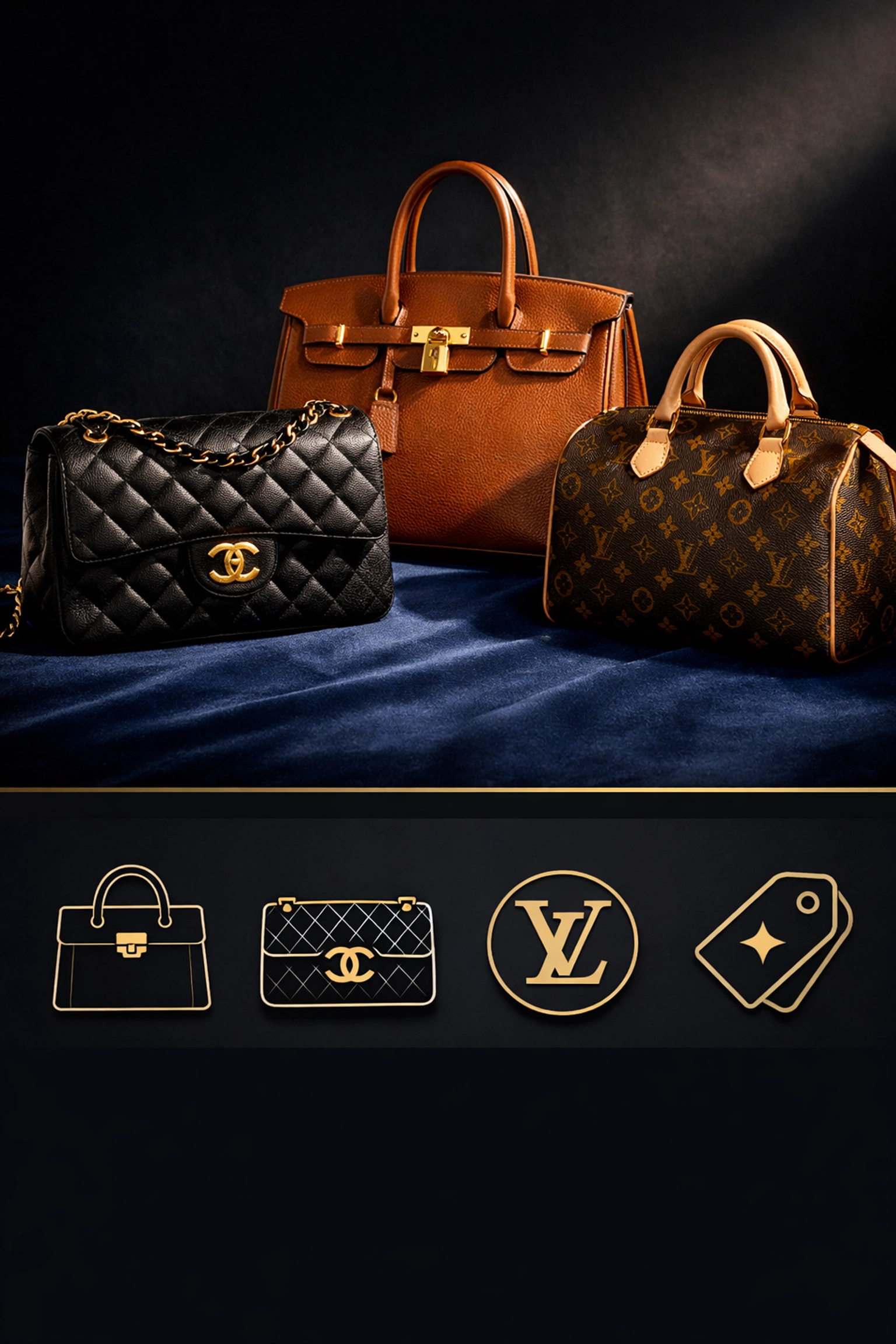 Luxury designer handbags including Chanel, Hermès, and Louis Vuitton bags with high resale value