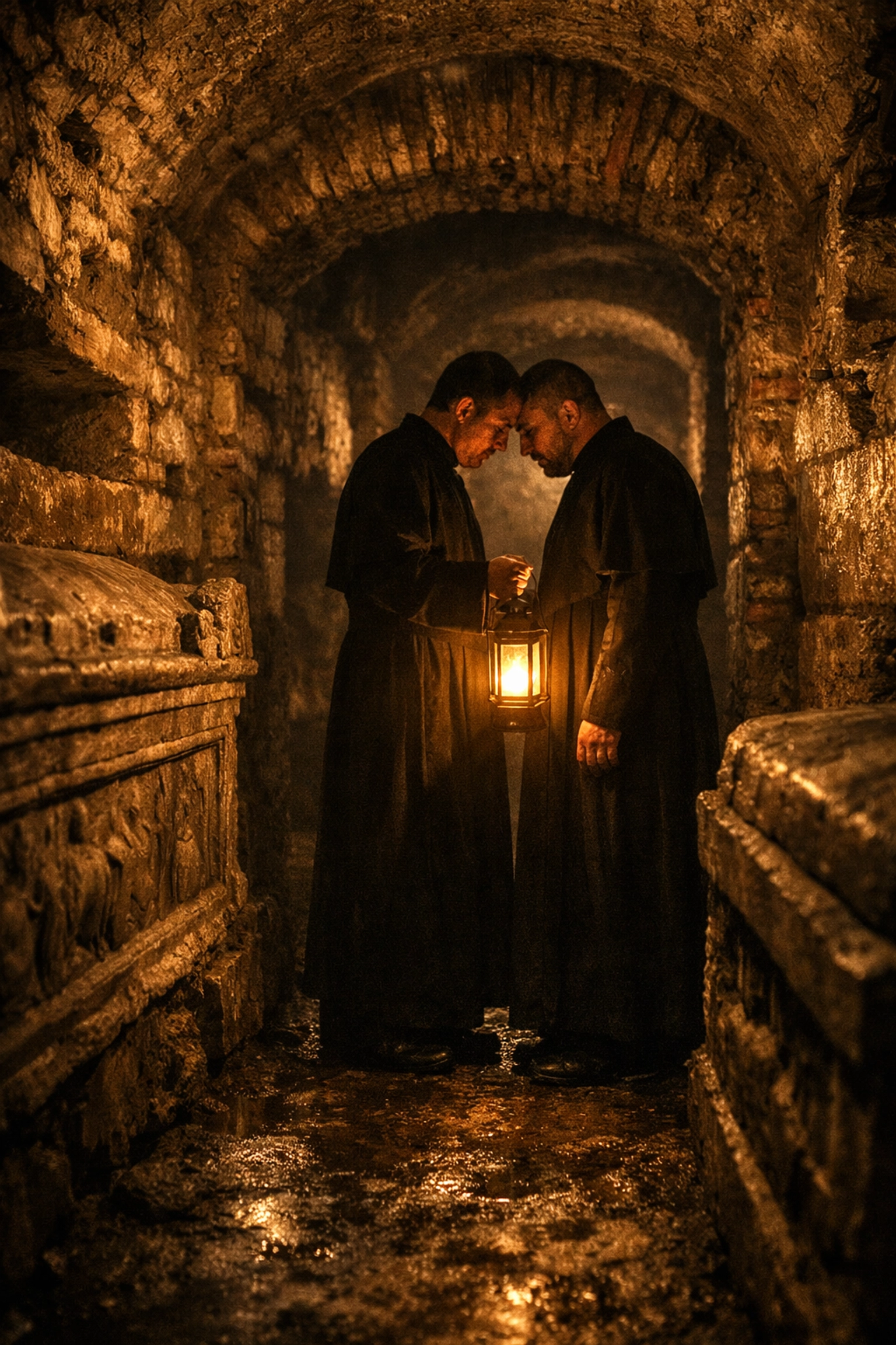 Two men in clerical cassocks standing together in the Roman catacombs, a forbidden gay historical romance.
