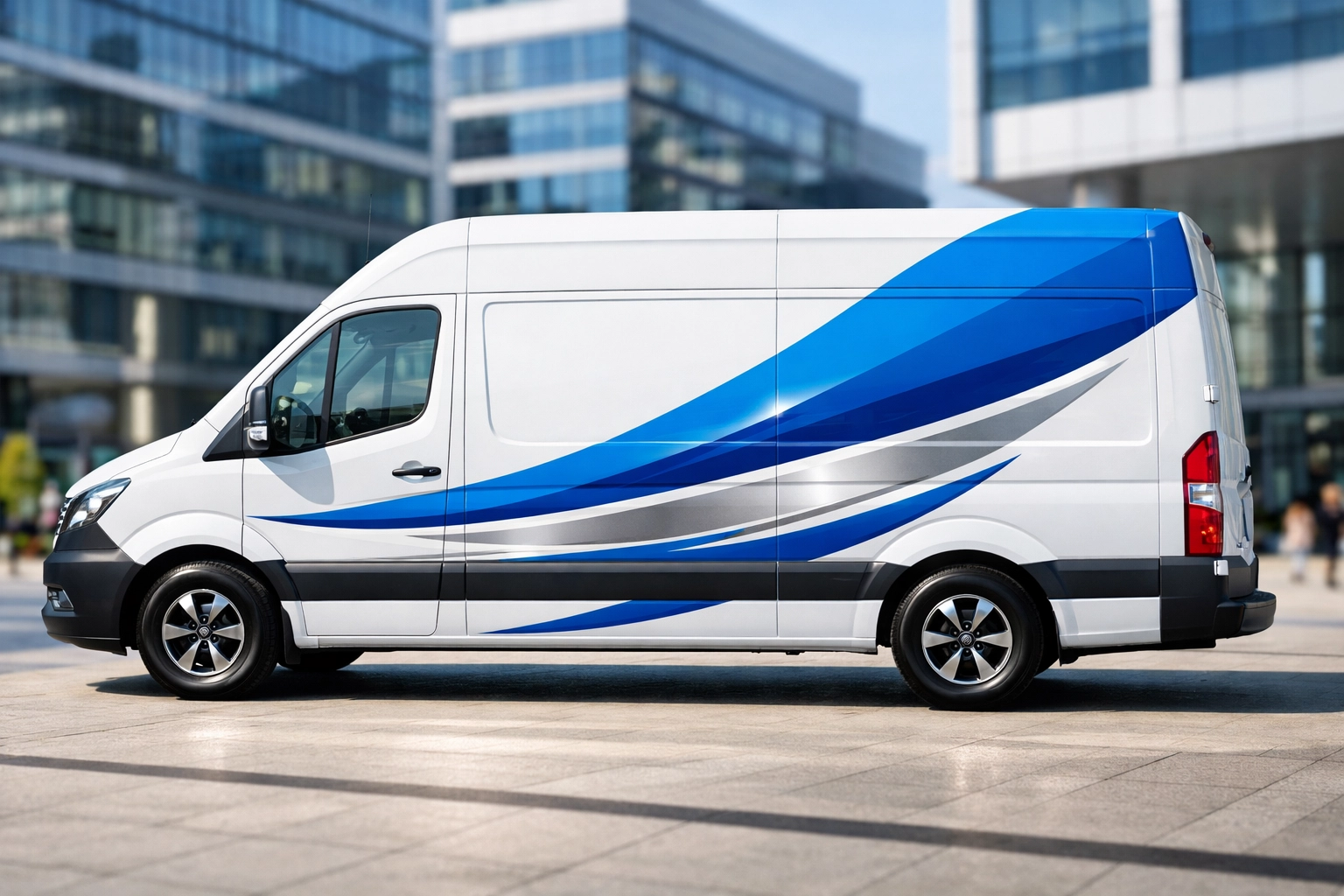 Professional vehicle decal wrap on a white delivery van parked in a Dallas business district.