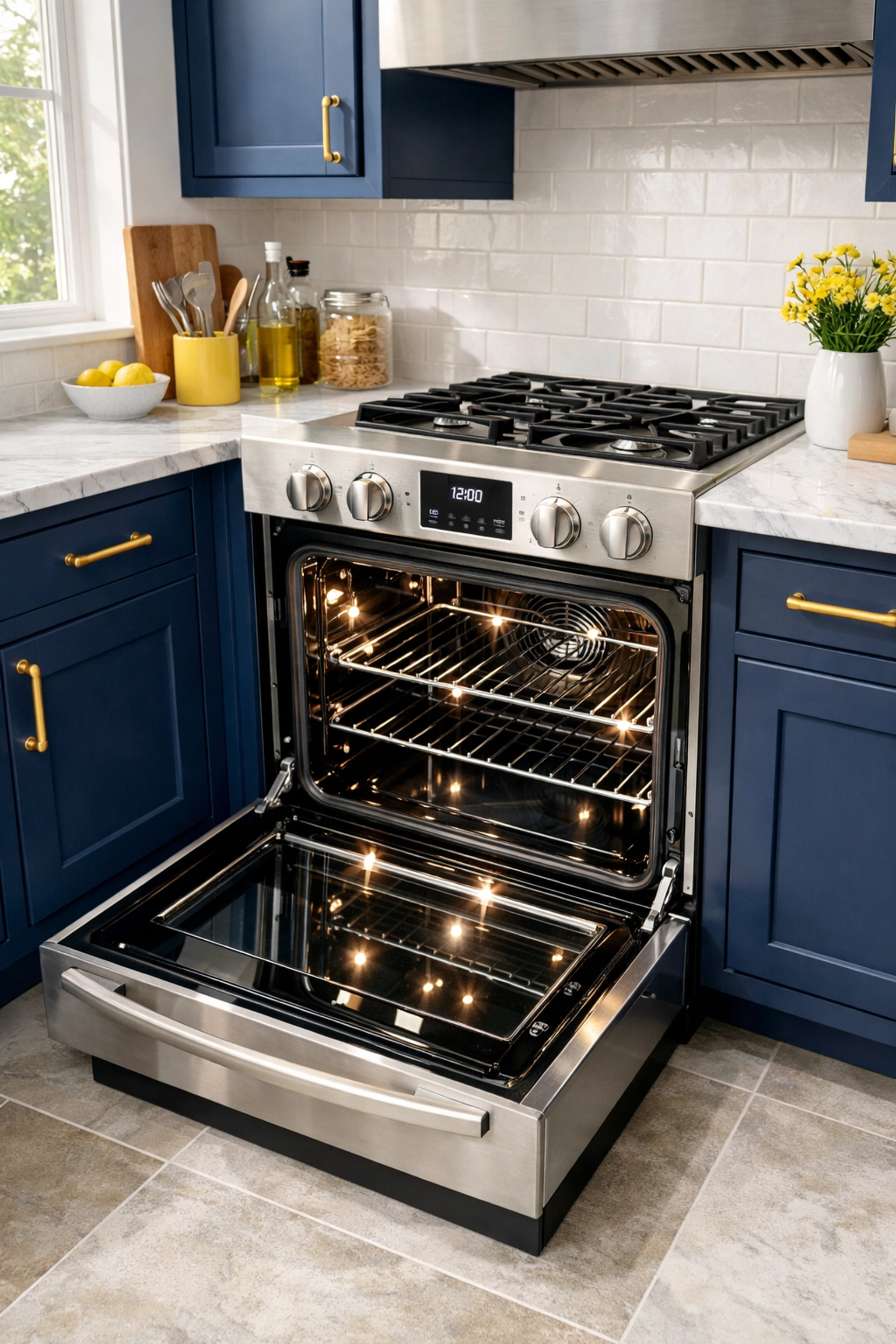 Sparkling stainless steel oven and marble kitchen counters after an eco-friendly house cleaning MA strike.
