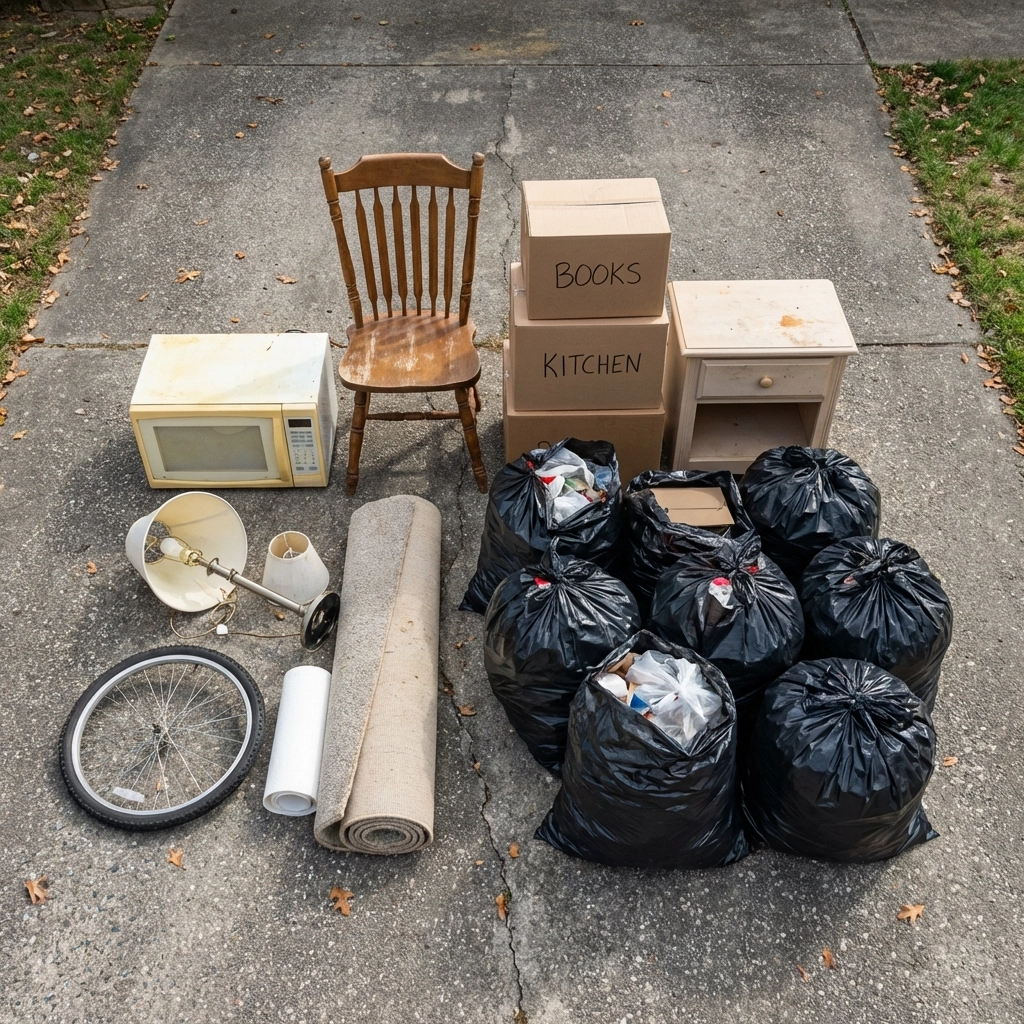 Household items like microwave, chair, boxes, and bags neatly organized for waste collection service