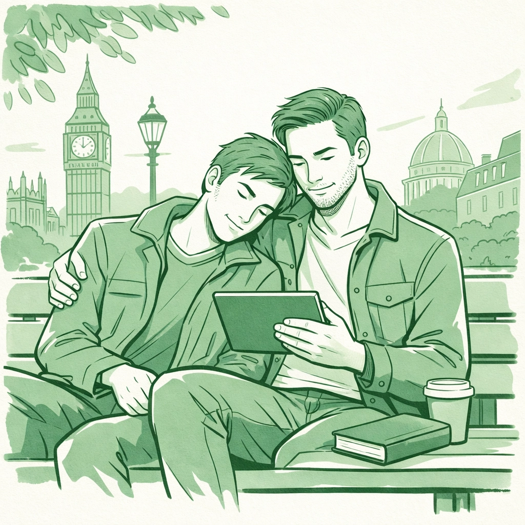 Two men reading an MM contemporary romance ebook together on a minimalist London park bench.
