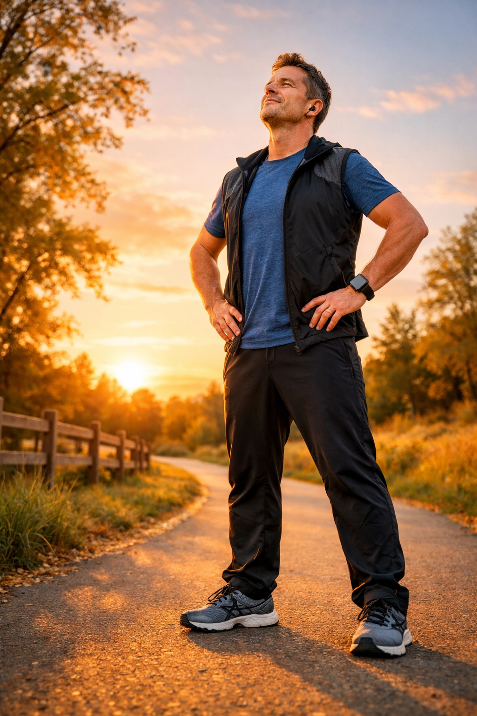 Man experiencing improved metabolic health and vitality on a scenic walking path after weight loss.