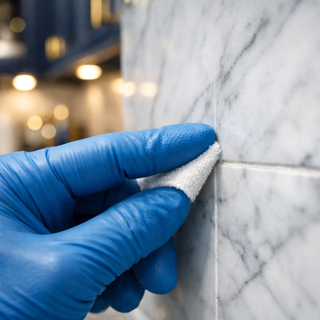 Close-up of a white-glove inspection on a kitchen backsplash during residential post construction cleaning Littleton.
