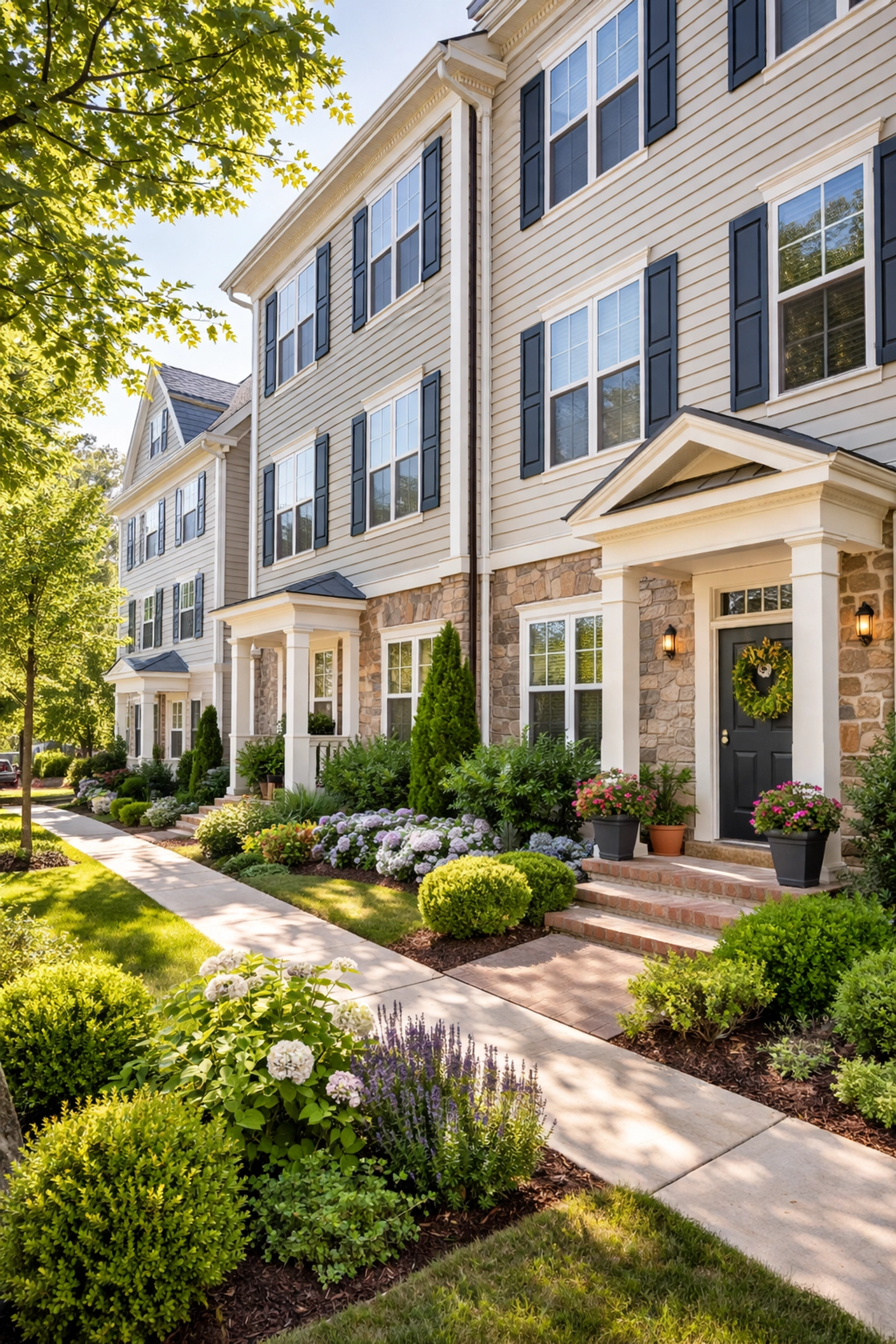 Sunny exterior of a modern townhome in a quiet, green Tri-Cities neighborhood, ideal for first-time homebuyers seeking value.