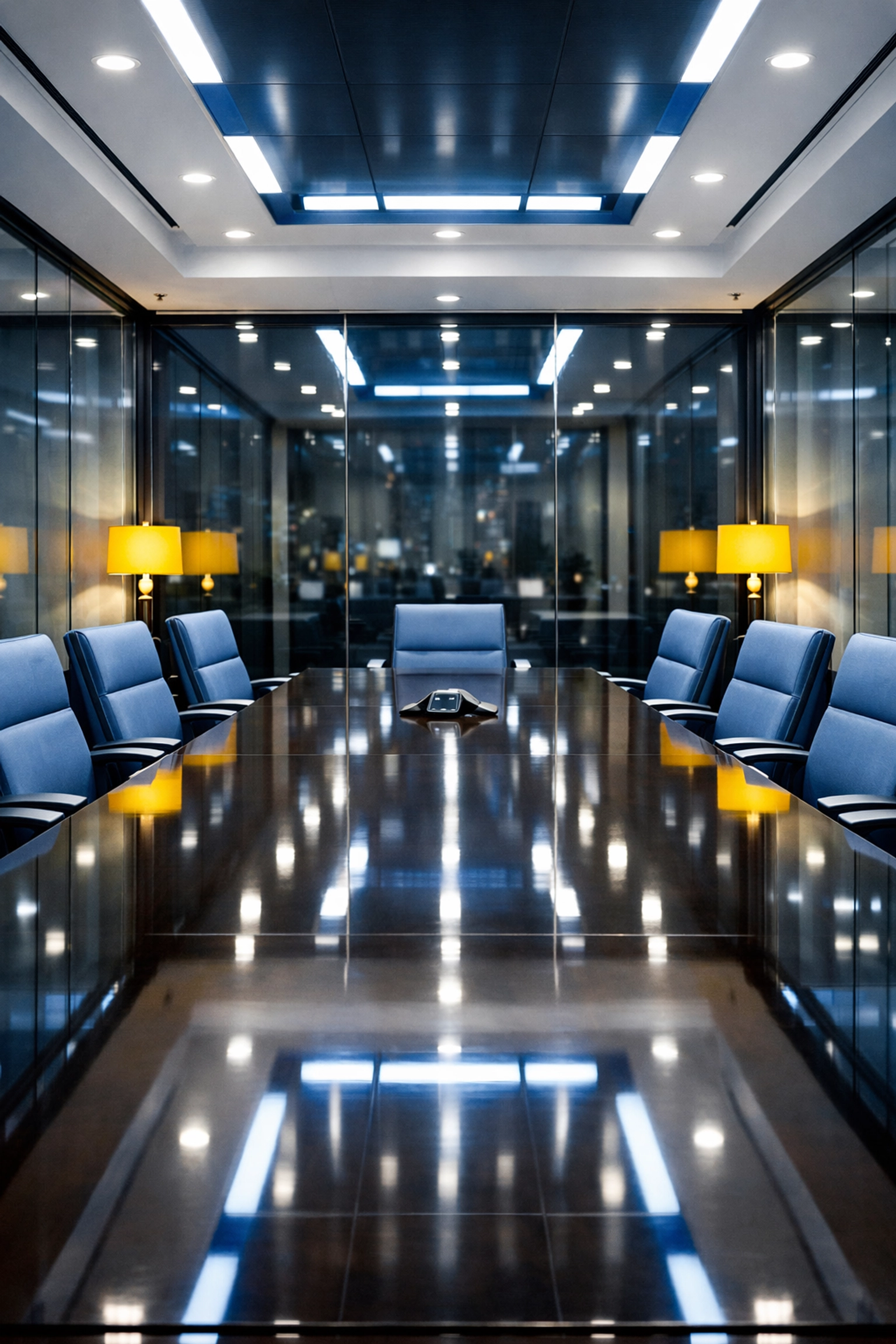 Pristine glass-walled conference room with a polished wood table reflecting professional cleaning standards.