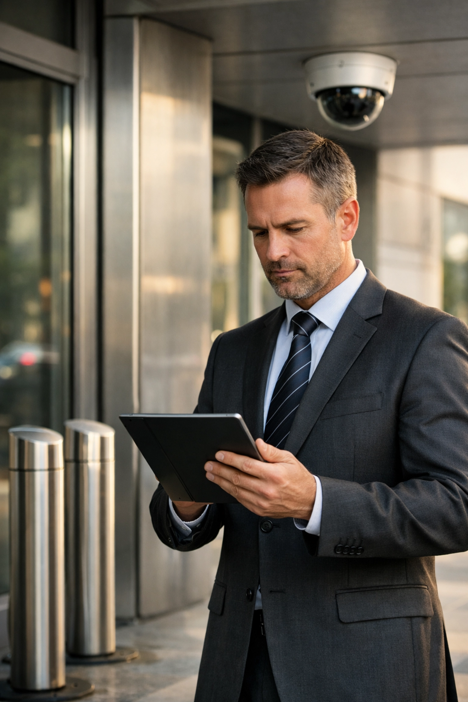 Professional security consultant performing a detailed risk assessment to meet SIA security standards.