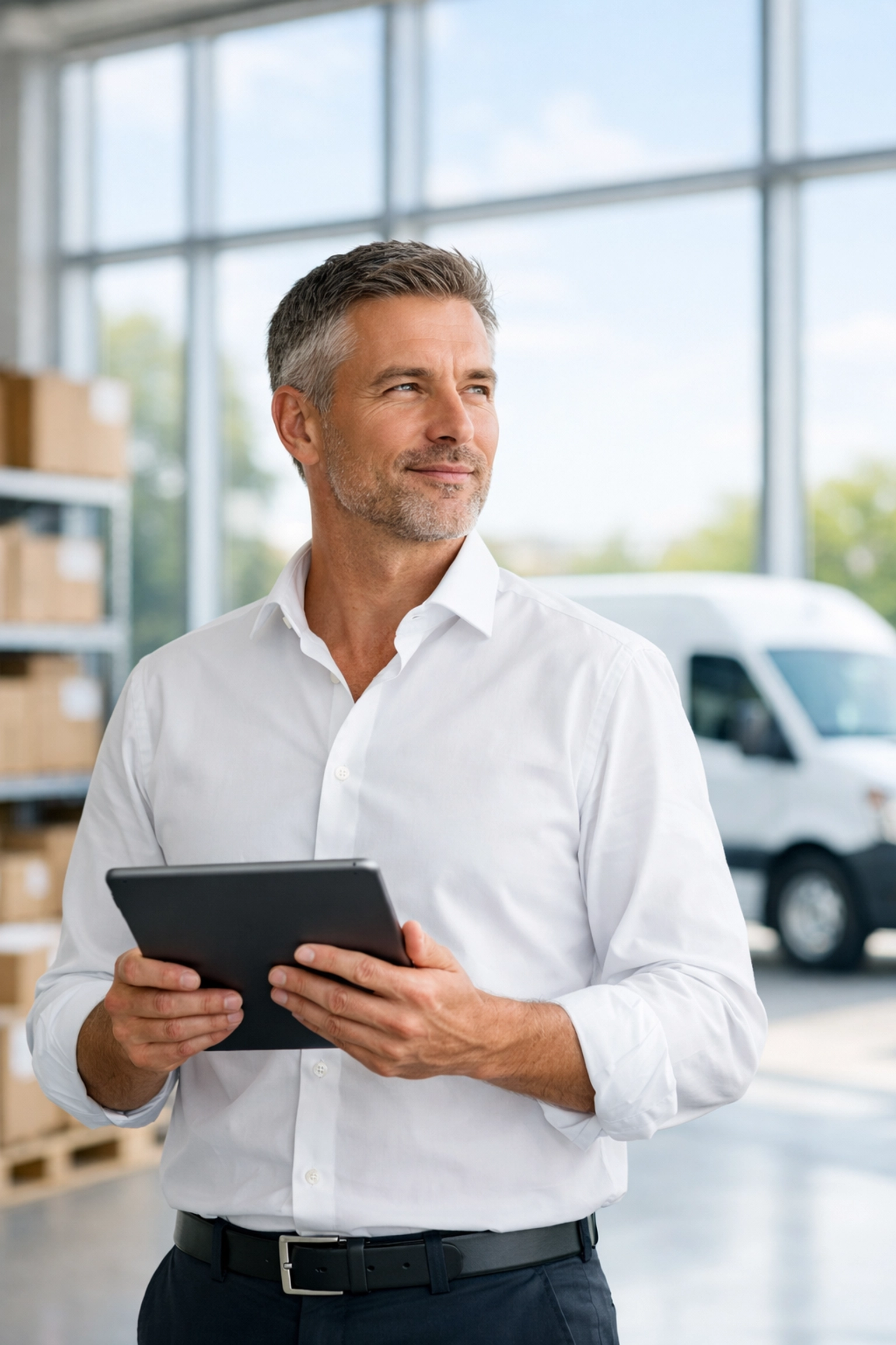 Professional manager reviewing tax compliance and estimated payments in a logistics hub.