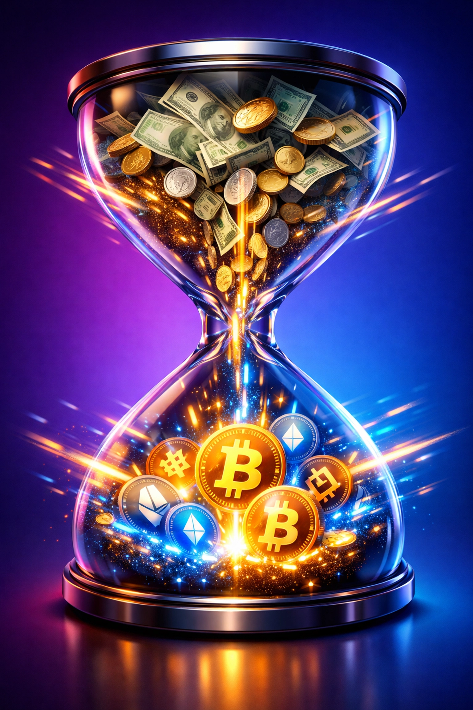 Hourglass comparing slow fiat settlement with instant cryptocurrency payment processing