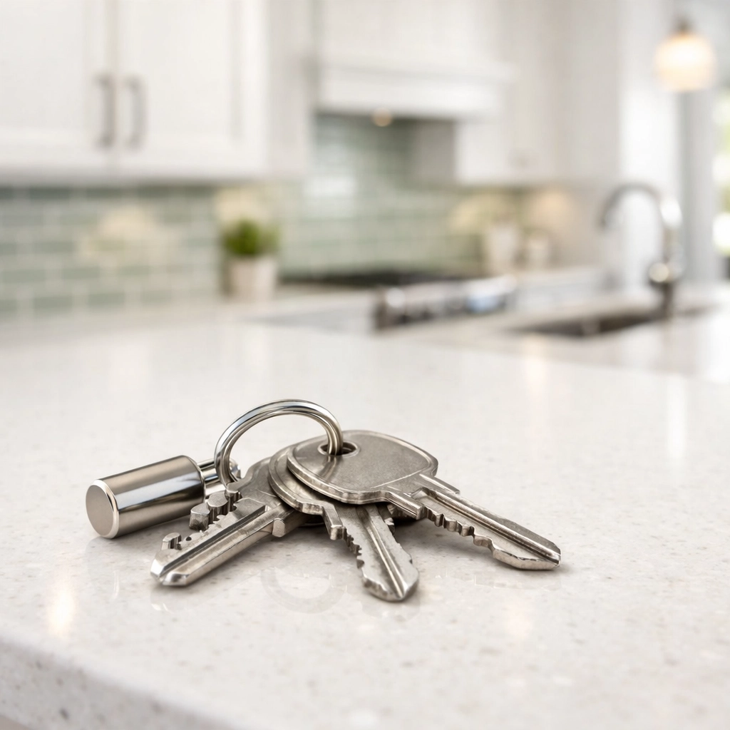 Silver keys on a modern kitchen counter, signifying a successful property exit with a Philadelphia hard money loan.