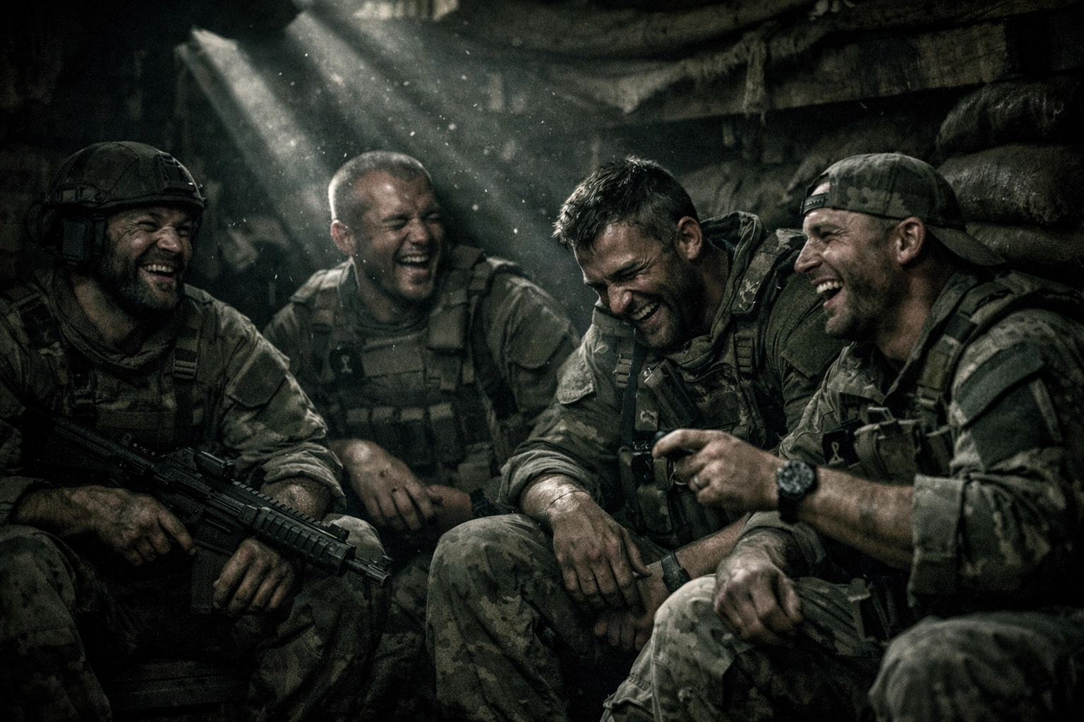 Soldiers laughing together in bunker showing military camaraderie and dark humor