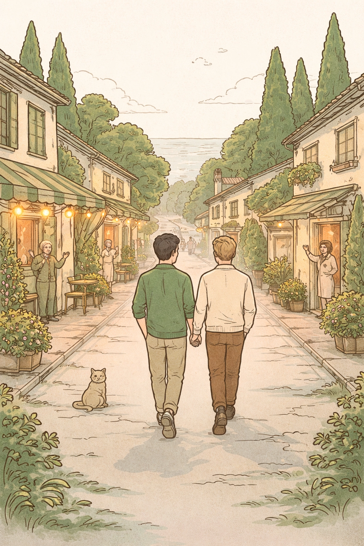 Male couple walk hand-in-hand through a friendly coastal village, representing found family and MM relationship support.