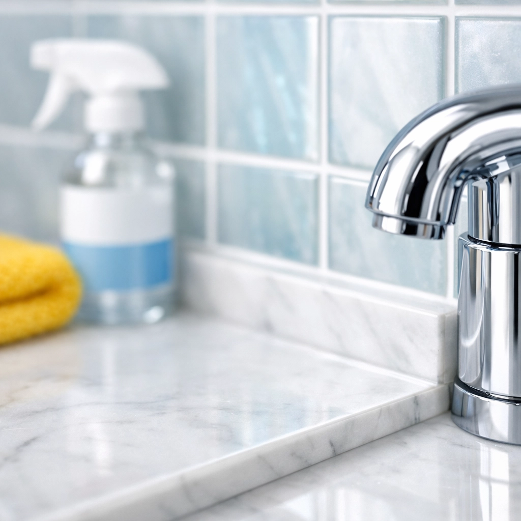 Clean bathroom grout and marble tiles after receiving professional deep cleaning services.