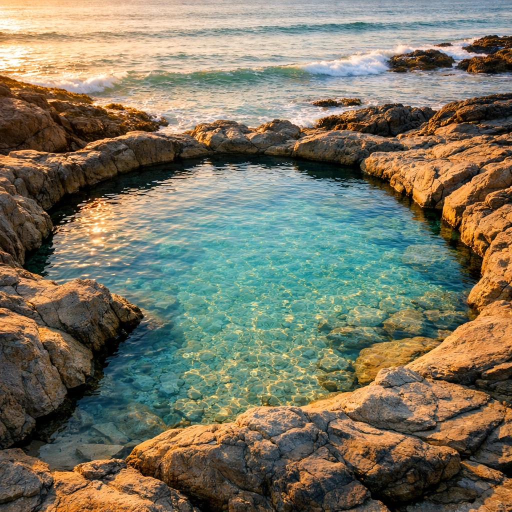 Porthtowan Mermaid Pool natural rock pool filled with turquoise water at high tide