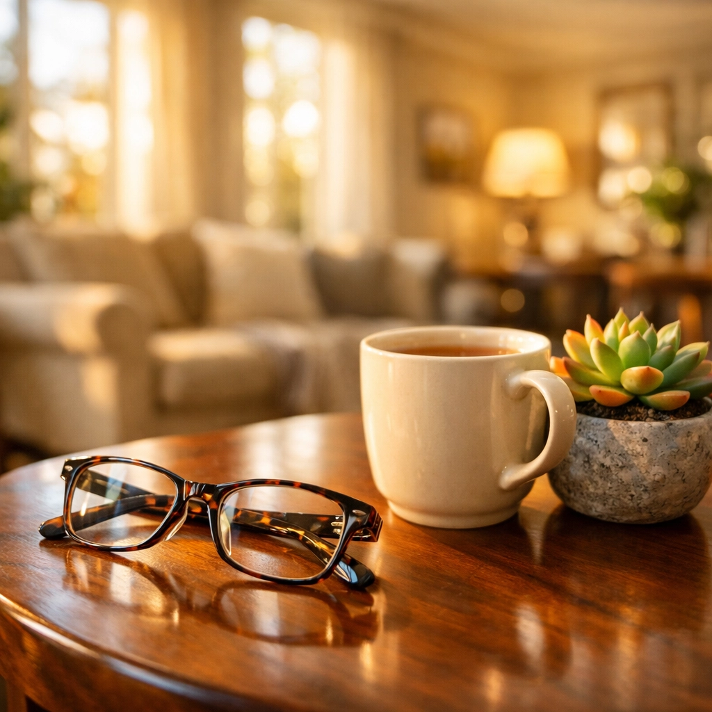 Reading glasses and tea in a bright room symbolizing financial security with a reverse mortgage.