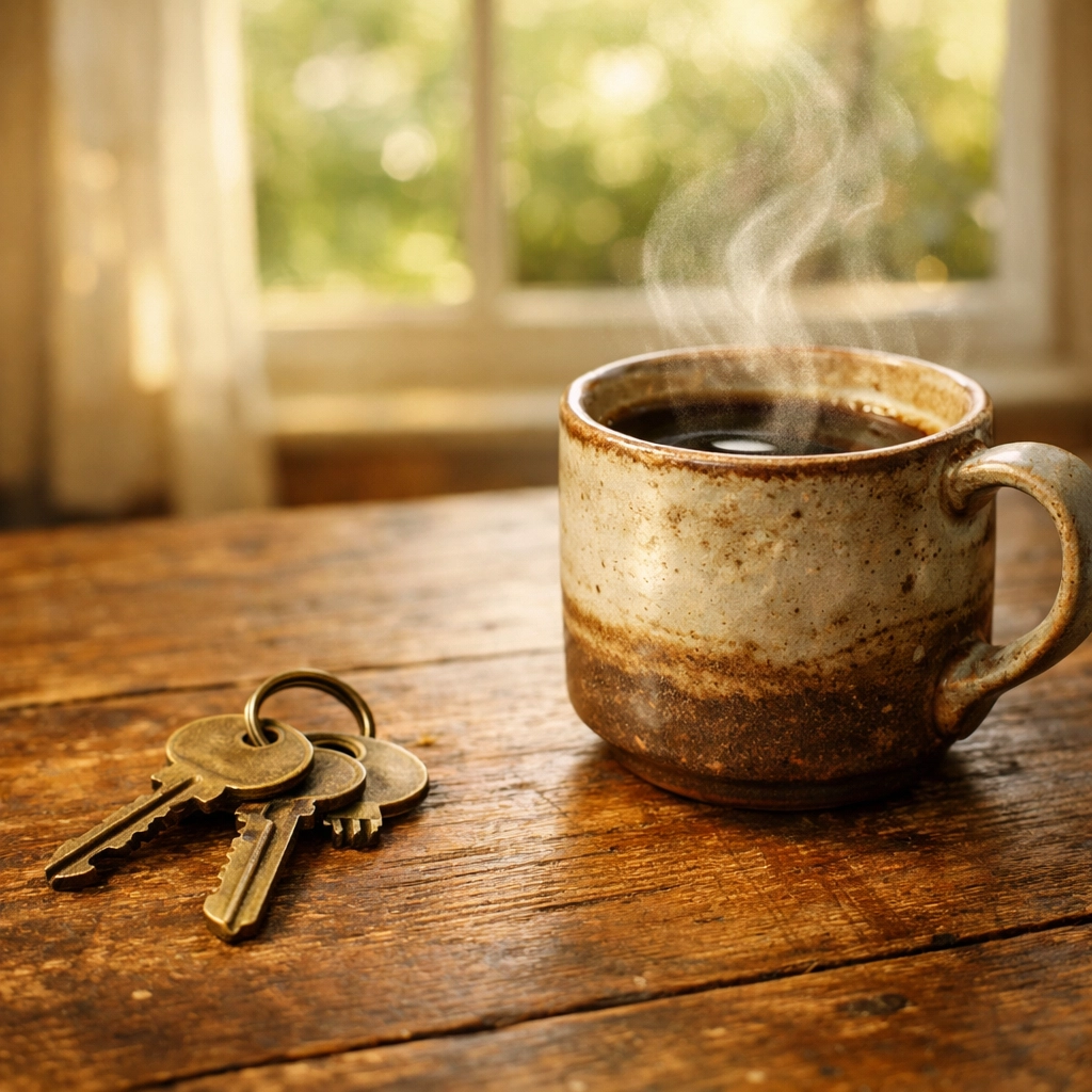 House keys and coffee cup representing personal ownership of a buy-to-let property investment.