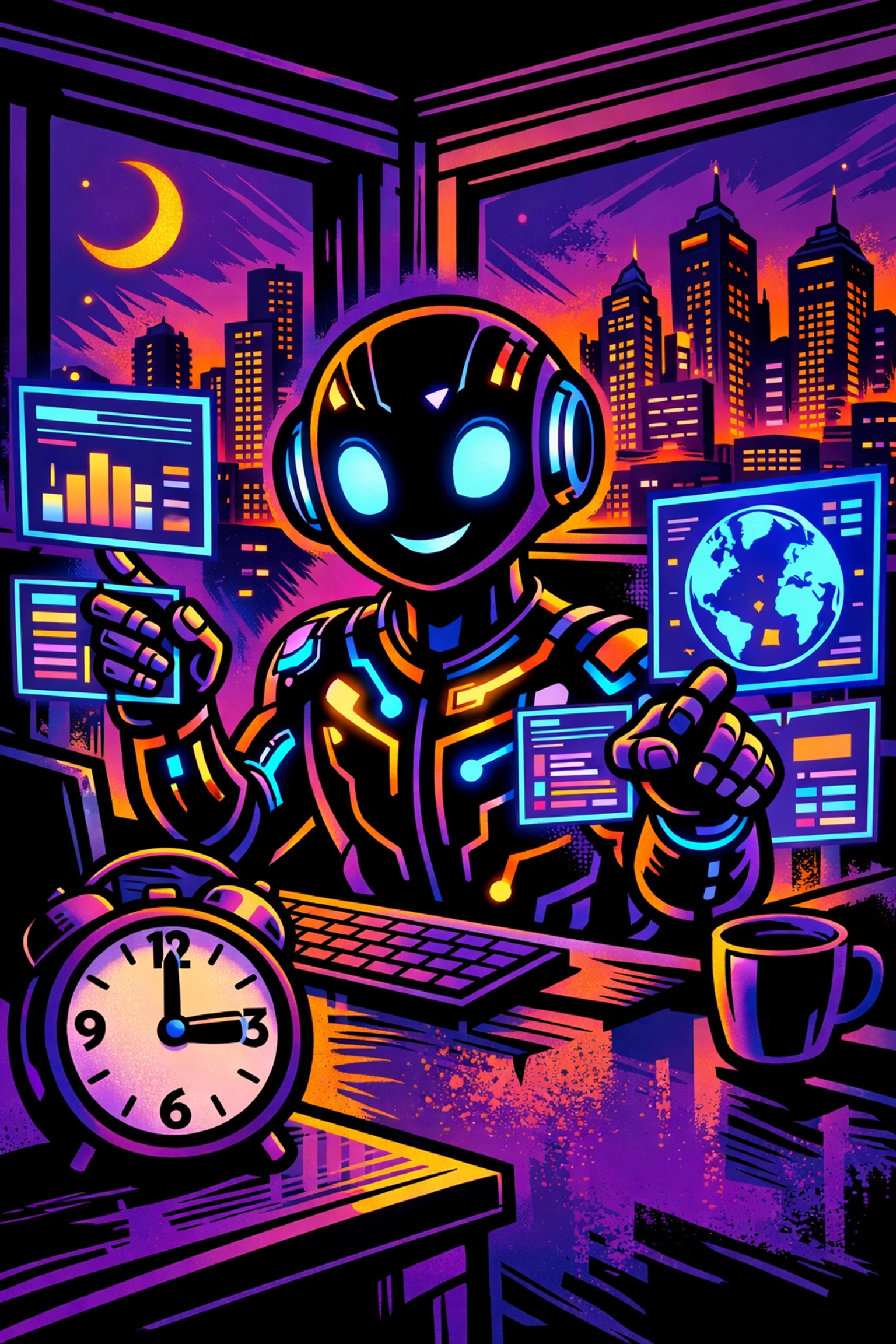 Friendly AI virtual assistant for business managing customer leads and tasks in a night office setting.